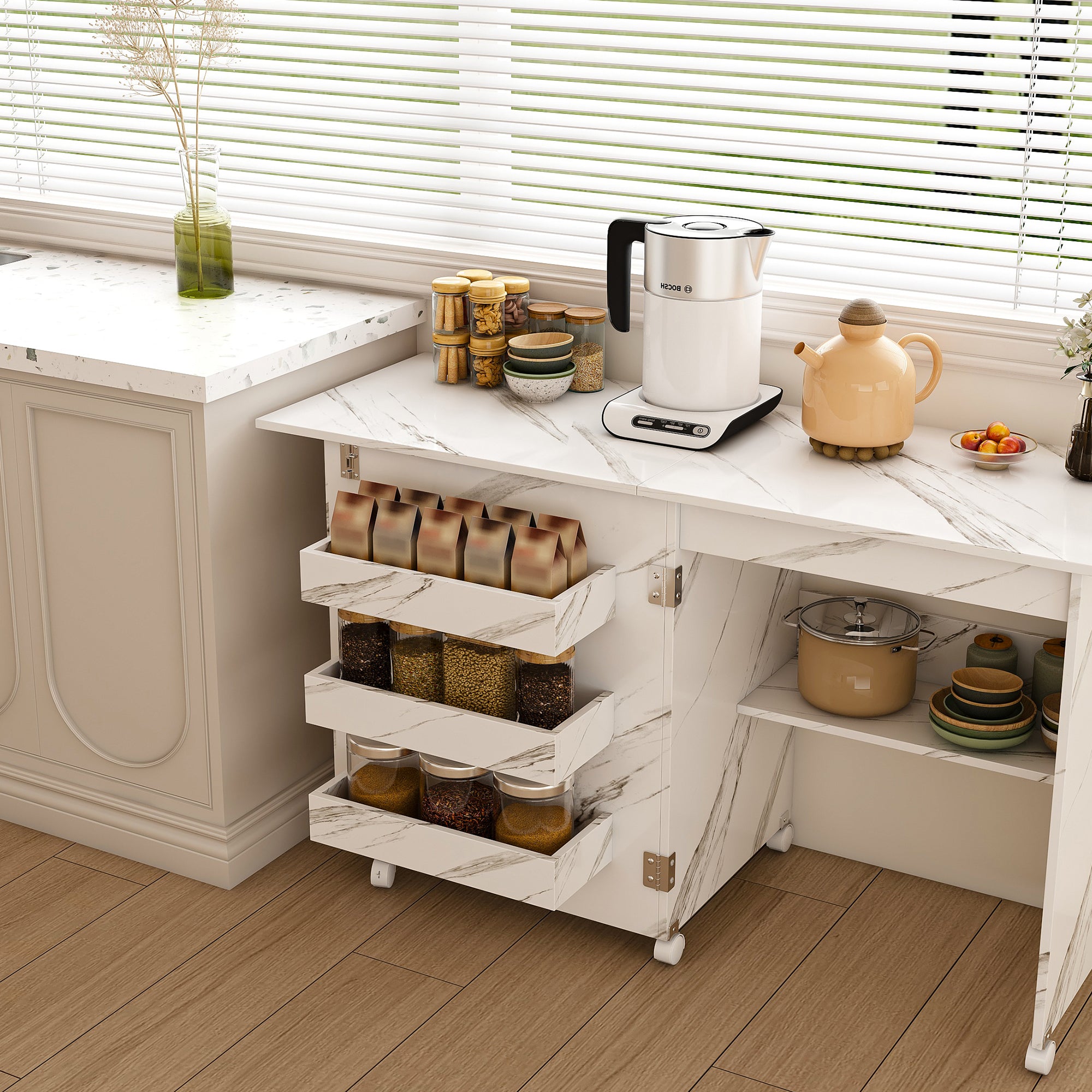 Homy Casa Nora 4 in 1 Folding Sewing Table Craft Desk and Storage Cabinet with Lockable Wheels