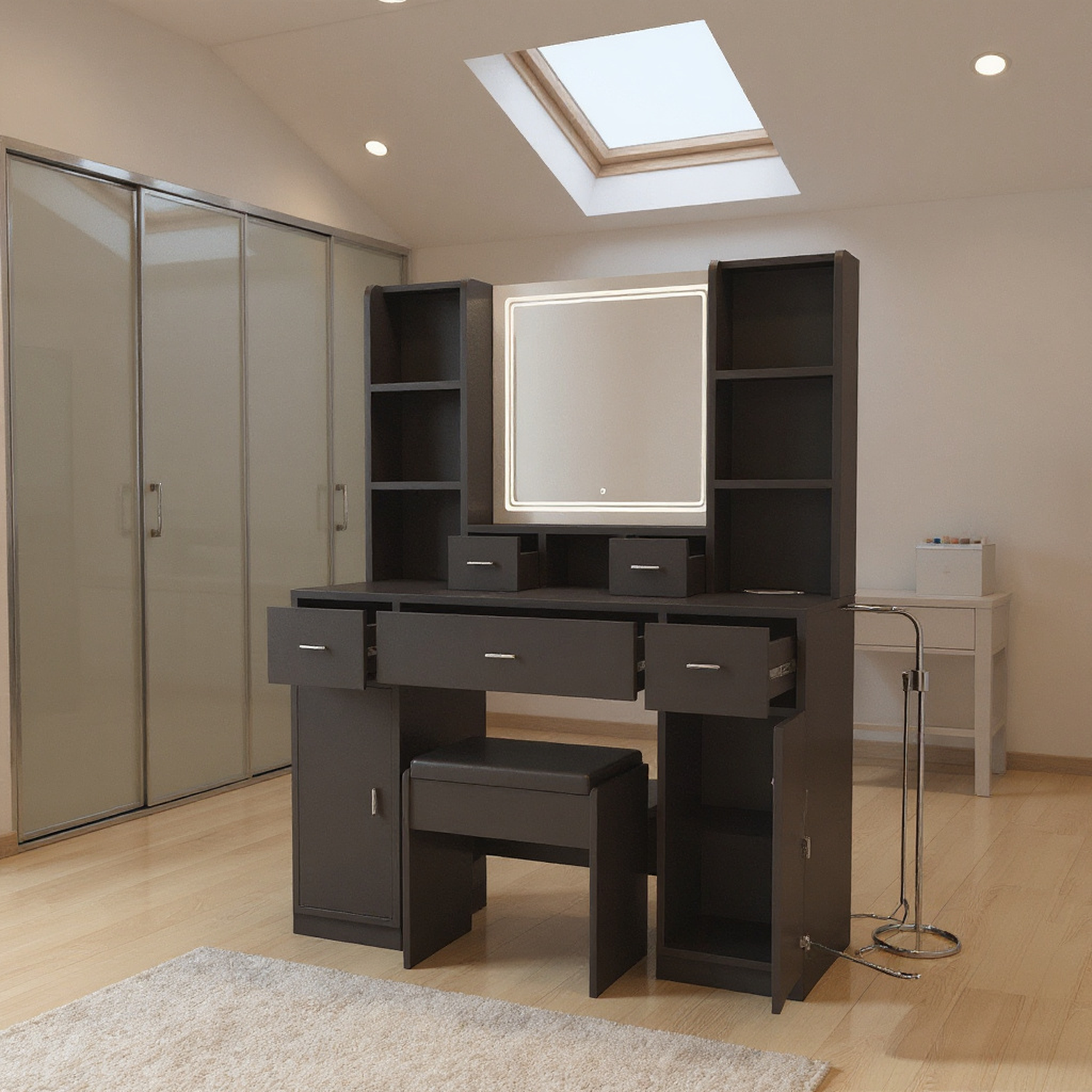 The Black dressing table with LED mirror is equipped with a hair dryer rack, and the dressing tables in the bedroom and dressing room are equipped with dressing stools