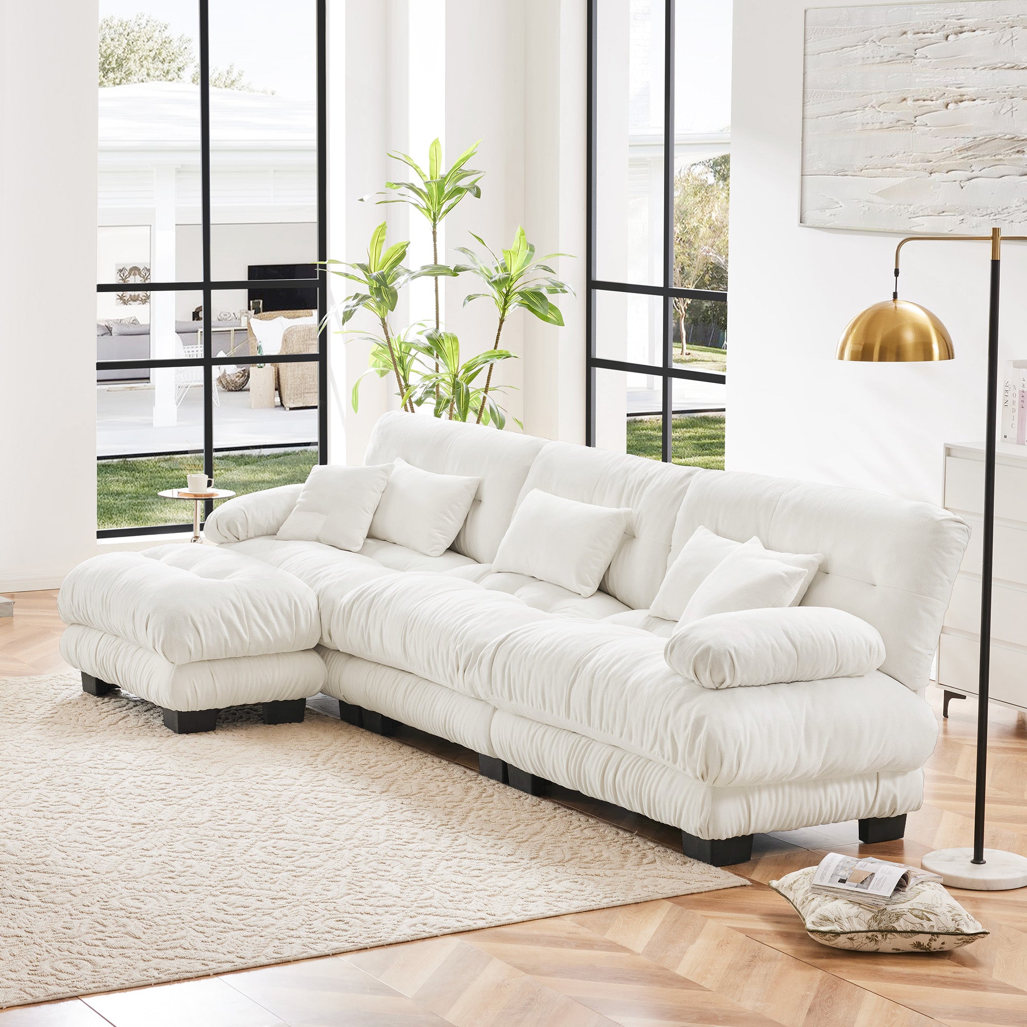 Monterey 134" Modular Chenille Cloud L-Shaped Sectional Sofa with Convertible Ottoman