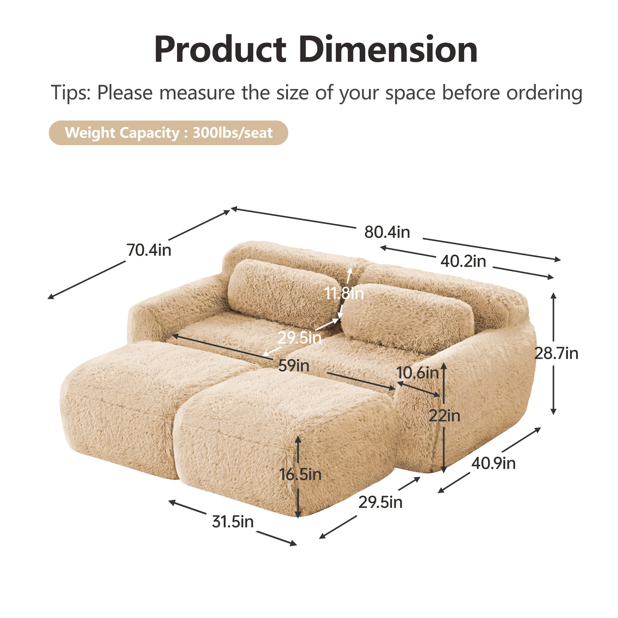 Durham 80" Modular Plush Cloud Loveseat with 2 Ottomans