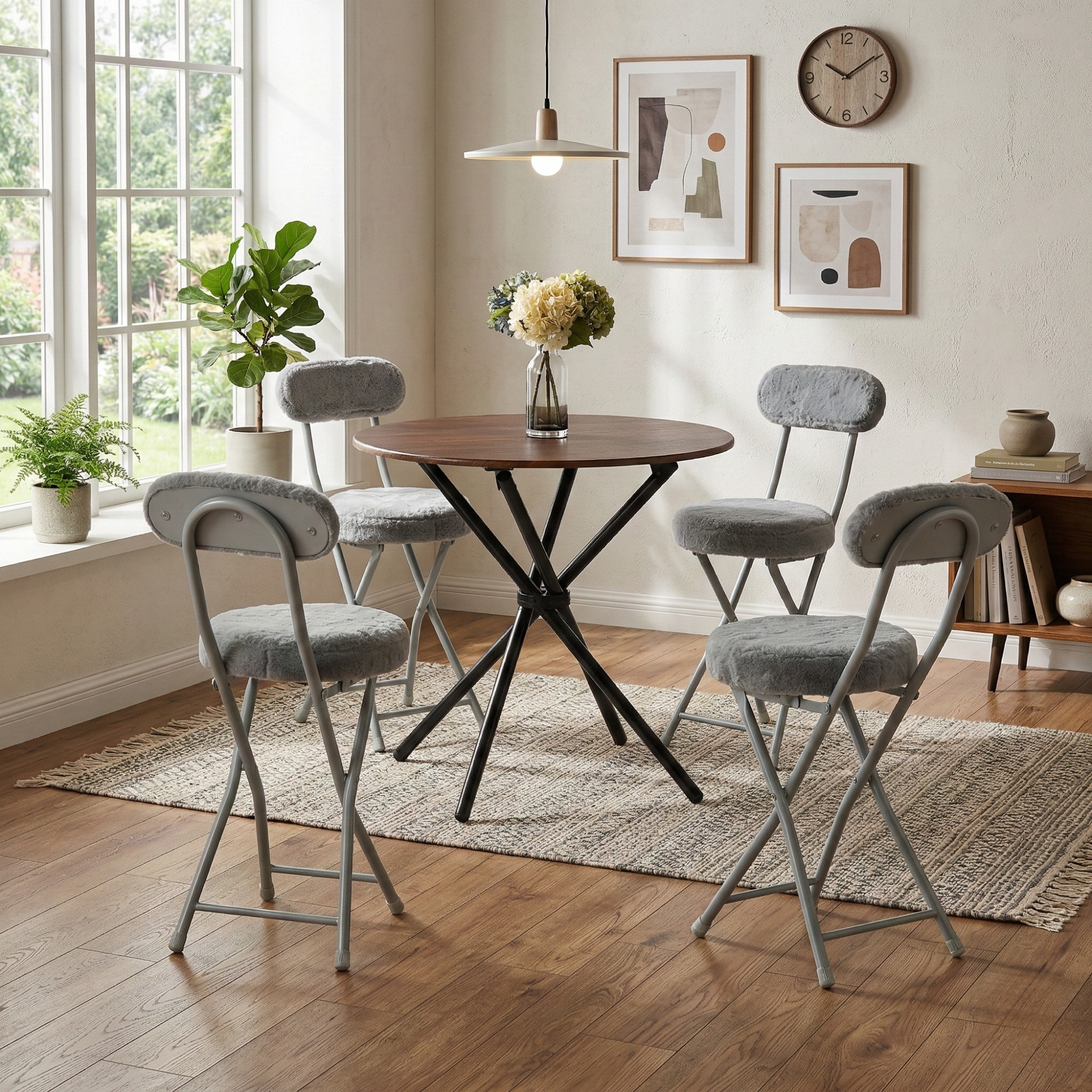 Homy Casa Ernst Plush Folding Chairs Set of 4, Faux Fur Seat, Grey