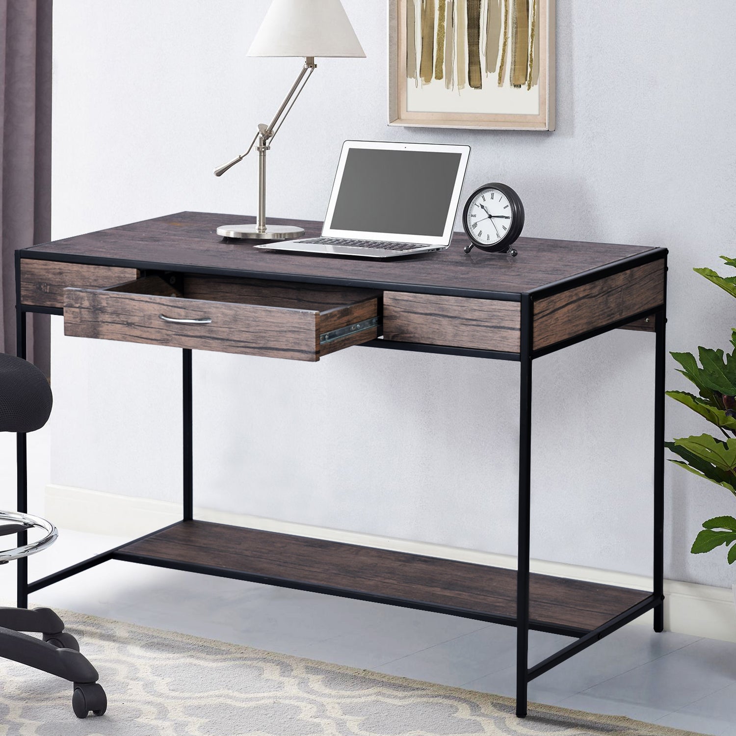 Homy Casa BLACKBURN 43.3” Industrial Desk with Drawer Computer Table Storage Shelf Vintage Brown Open Box