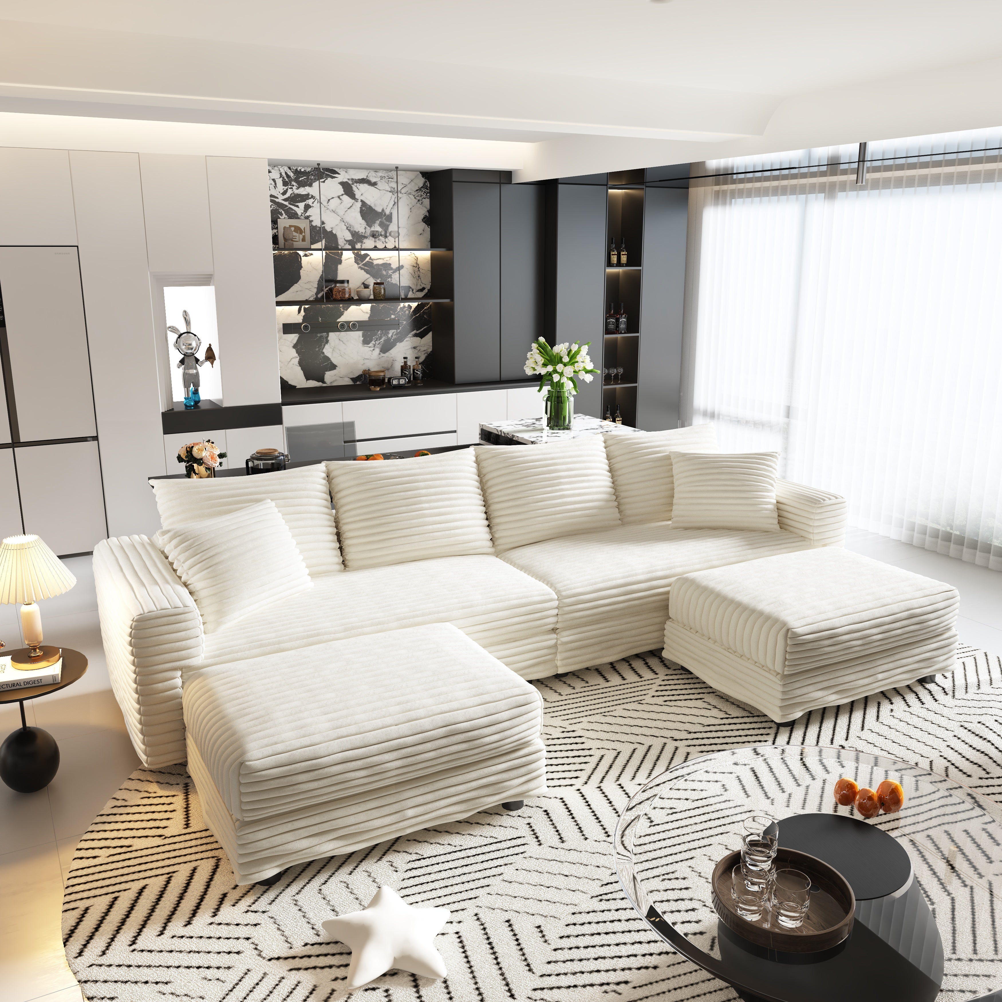 Norwalk 102" Modular Plush Corduroy U-Shaped Sectional Sofa with Soft Pillows and 2 Ottomans