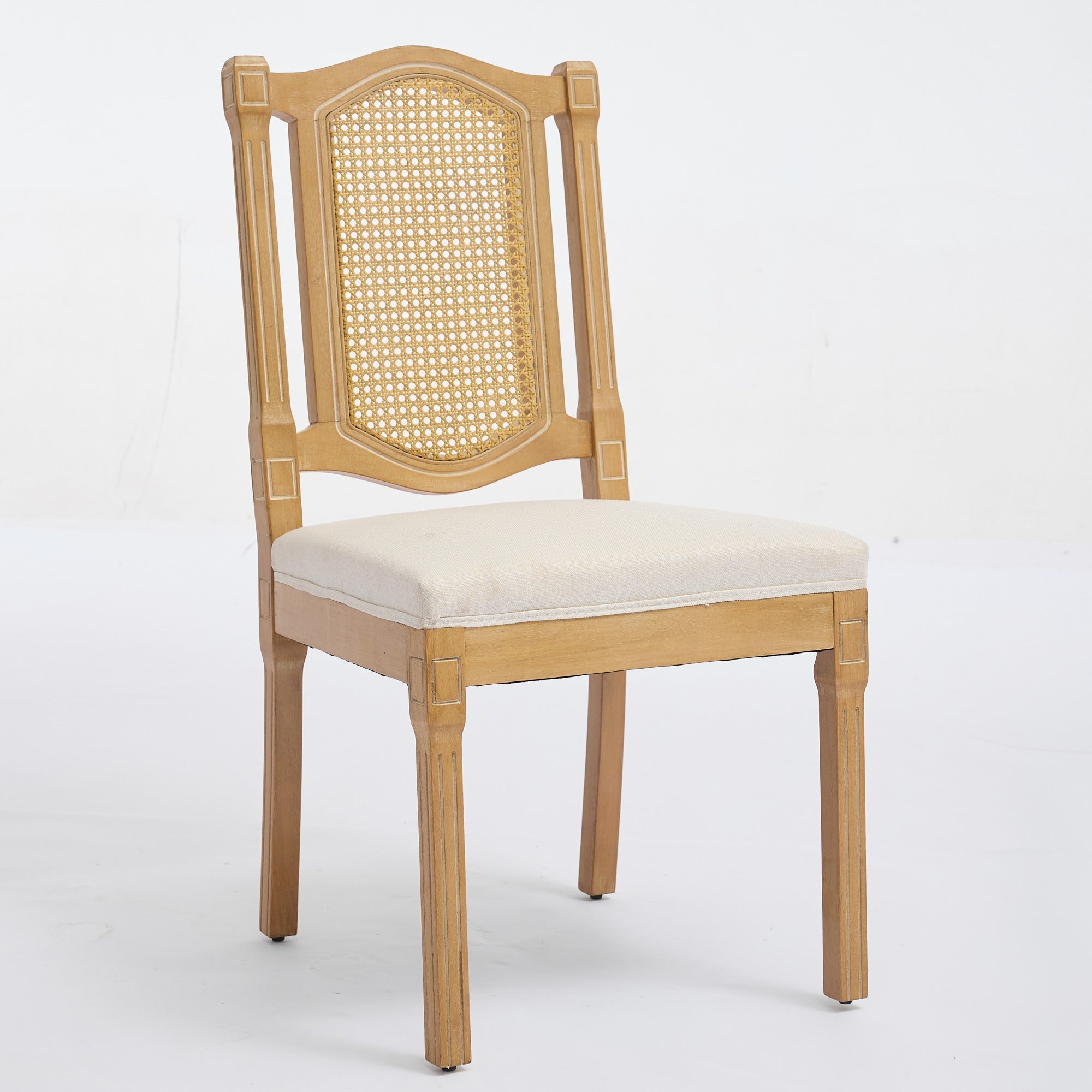 Shannon Solid Wood Rattan-Back Dining Chair Set of 2 with Beige Linen Cushion