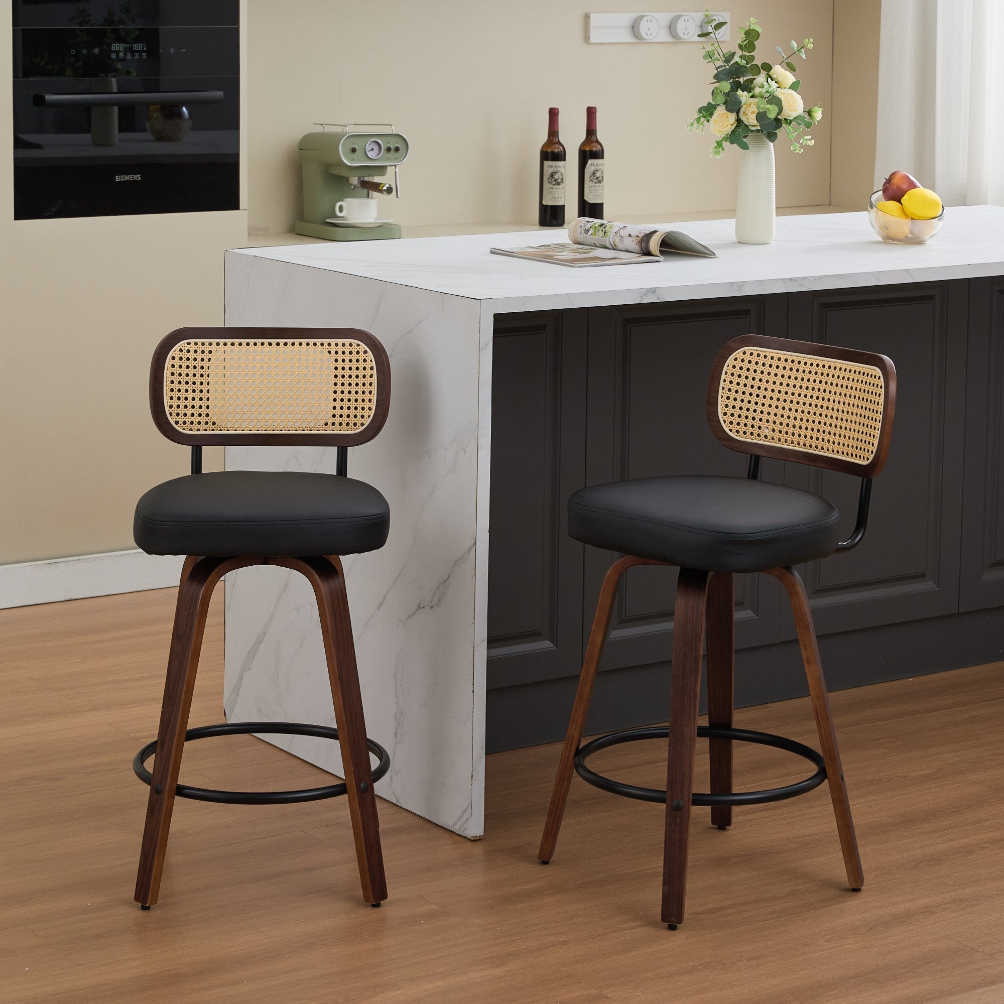 Homy Casa Medoc 26" Rattan Back Swivel Counter Height Upholstered Bar Stool Set of 2