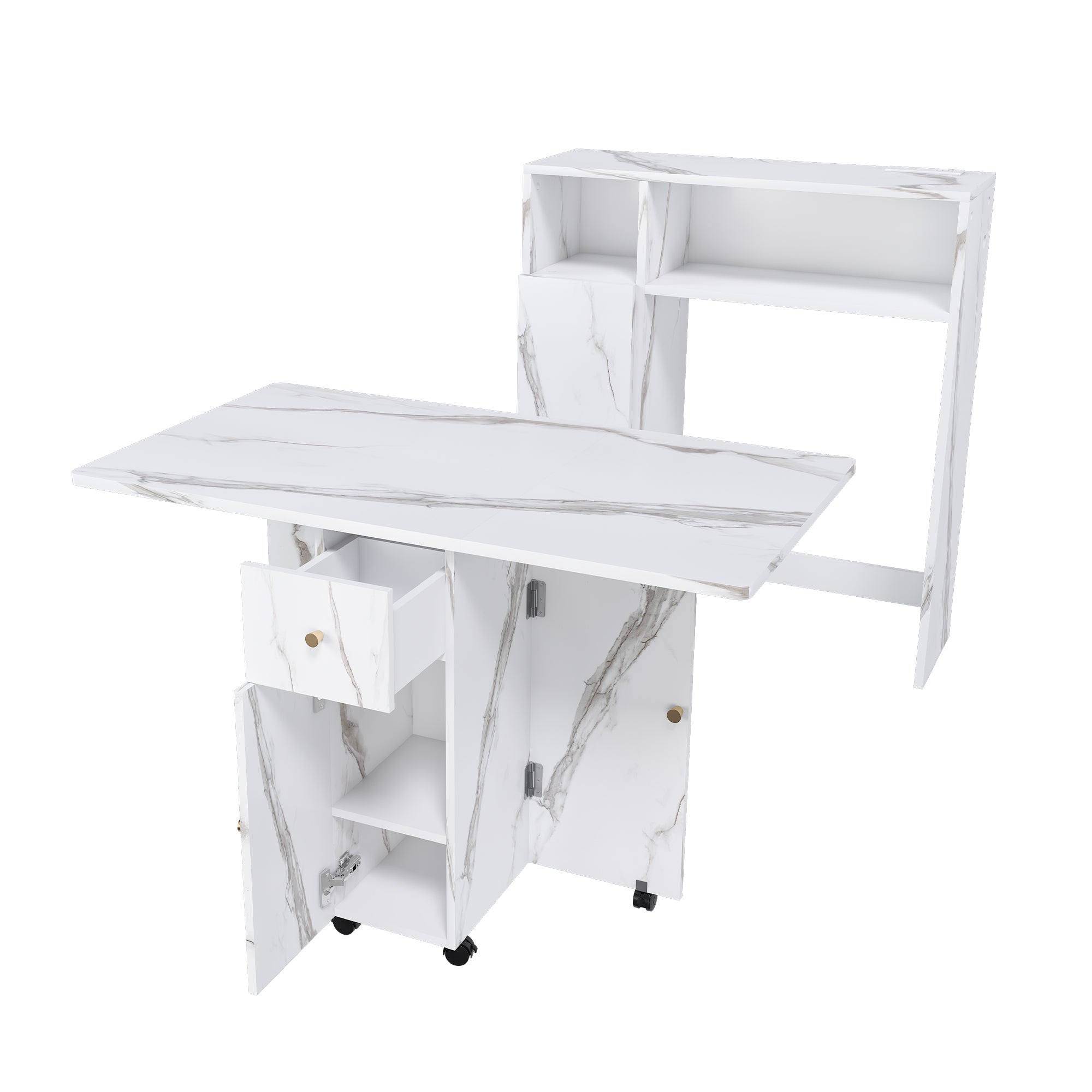 Agus Folding Dining Table with Wall-Mounted Sideboard and Storage, White Marble