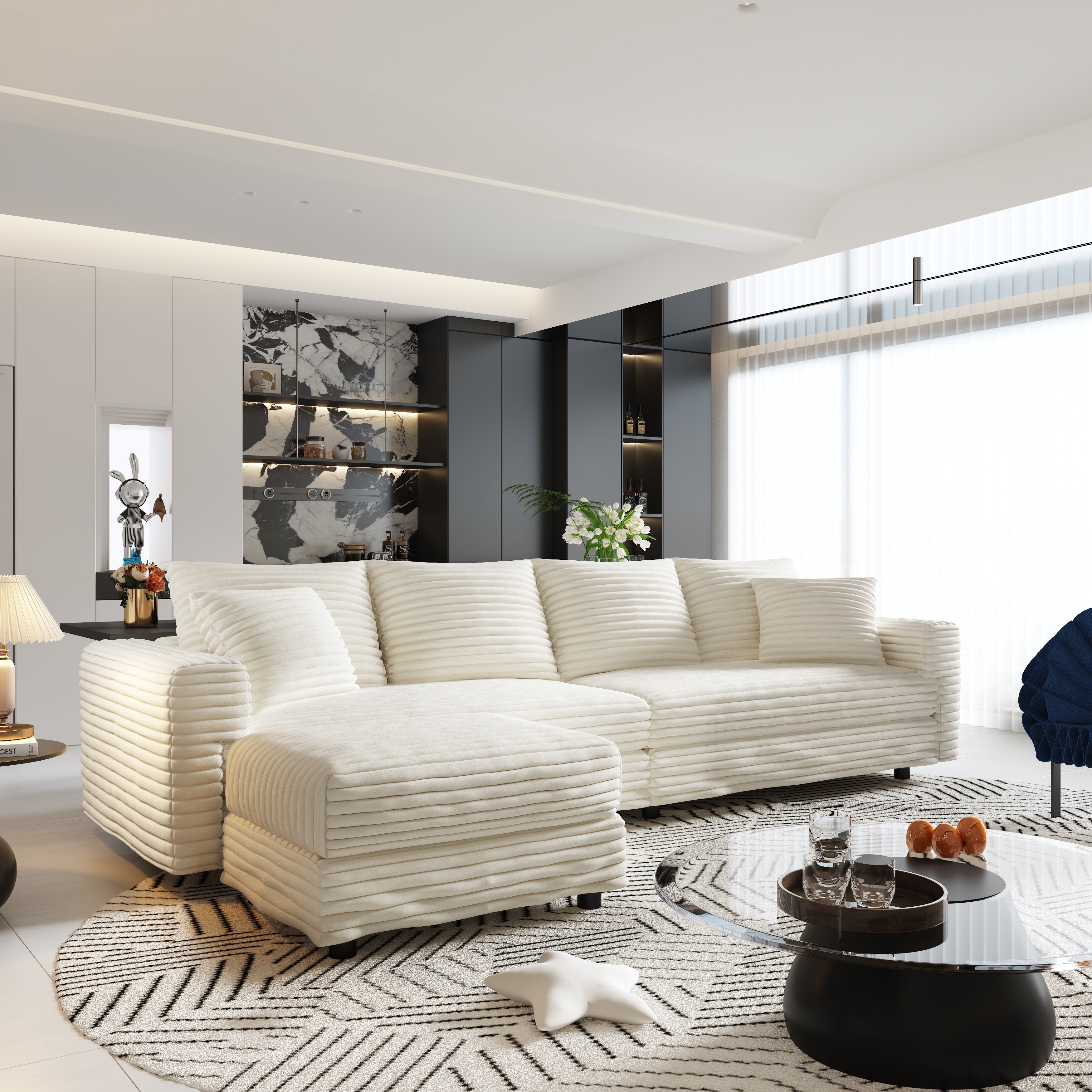 Norwalk 102" Modular Plush Corduroy L-Shaped Sectional Sofa with Movable Ottoman