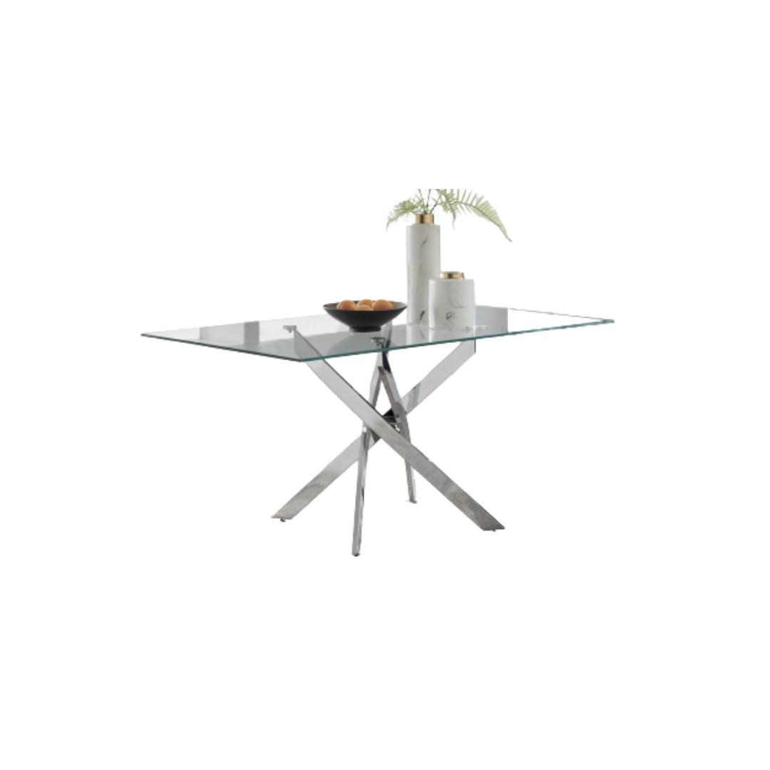 Vela 59" Modern Glass Rectangular Dining Table with Cross Chrome Base