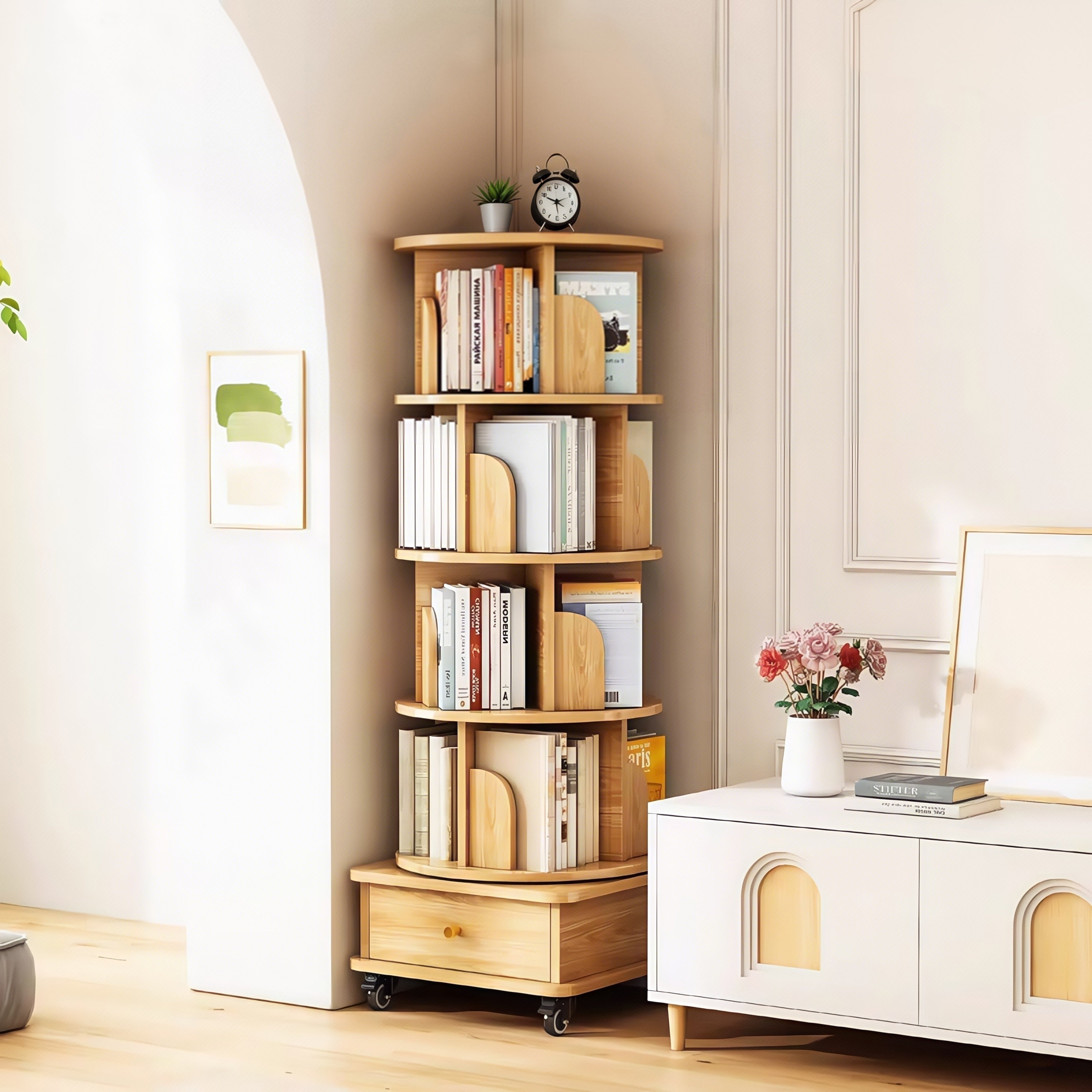 Sophia 5 Tier Rotating Bookshelf Display Stand with Drawer and Wheels