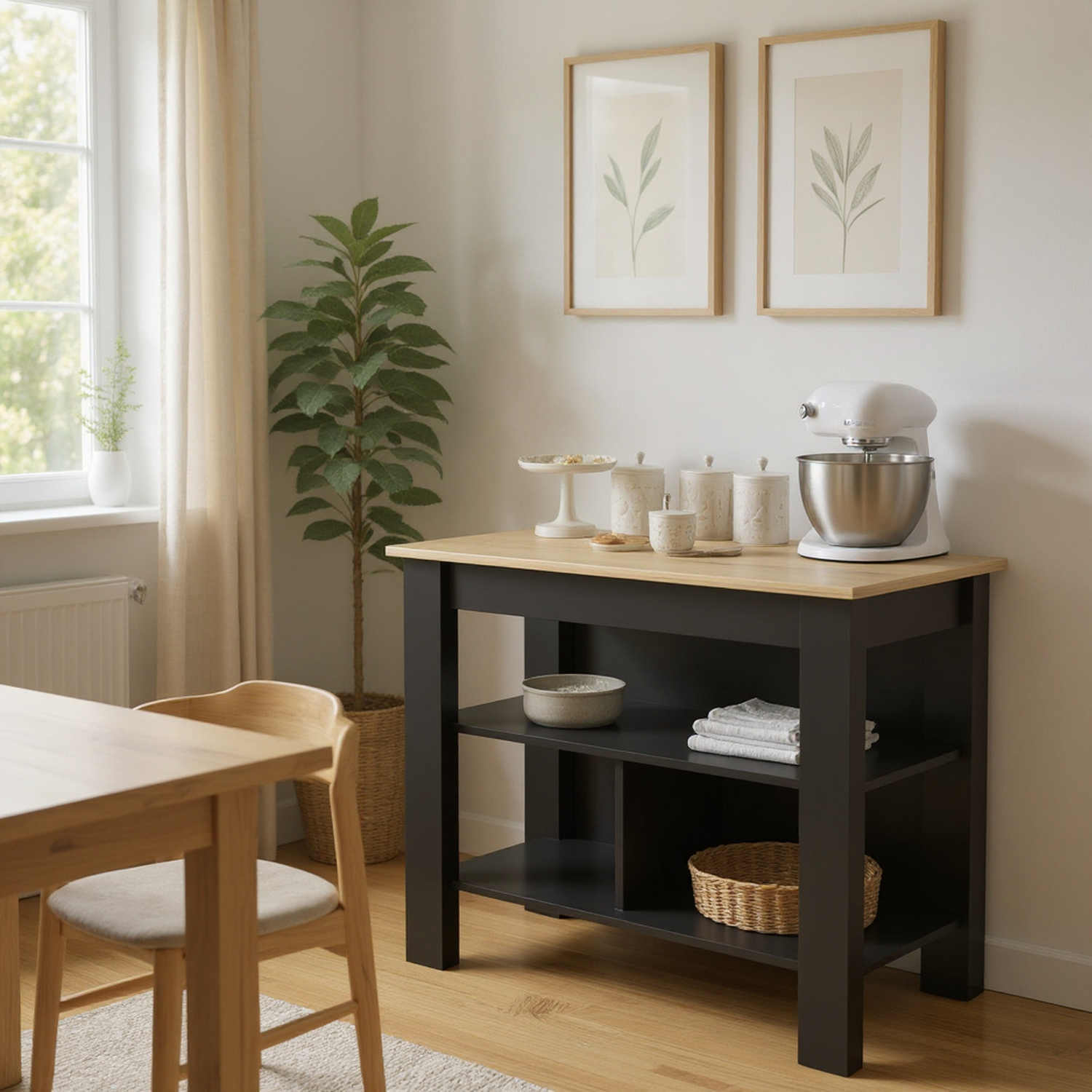 3-Shelf Kitchen Island Black Wengue and Light Oak