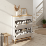 Ruvo Modern Shoe Cabinet with Flip-Up Doors, 31.5" Wide, White & Natural