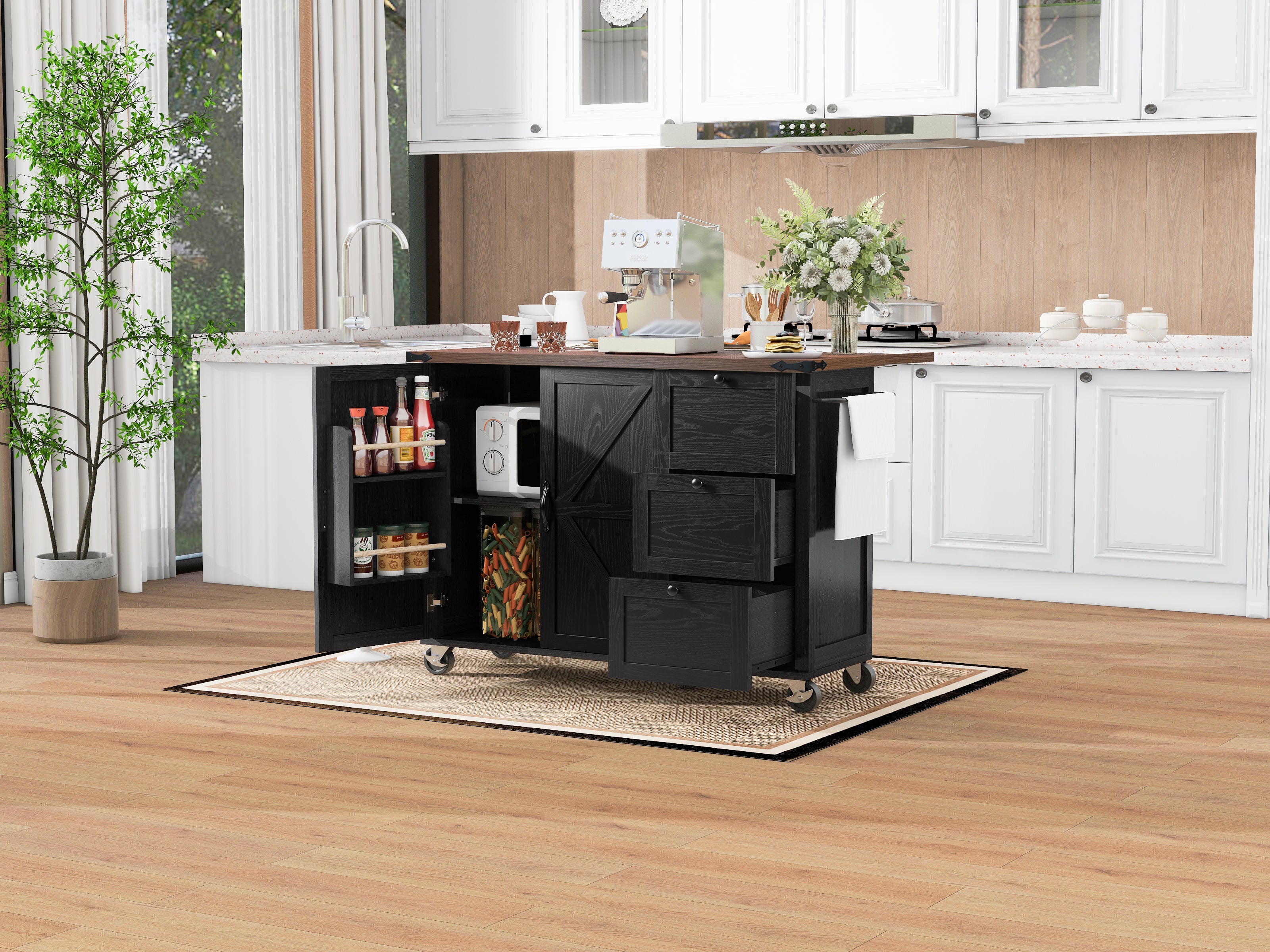 54.5" Farmhouse Kitchen Island with Power Outlet, Kitchen Storage Island  with Internal Storage Rack, Drop Leaf, Spice Rack, Rolling Kitchen Cart on Wheels, for Home, Kitchen and Dining Room,Black