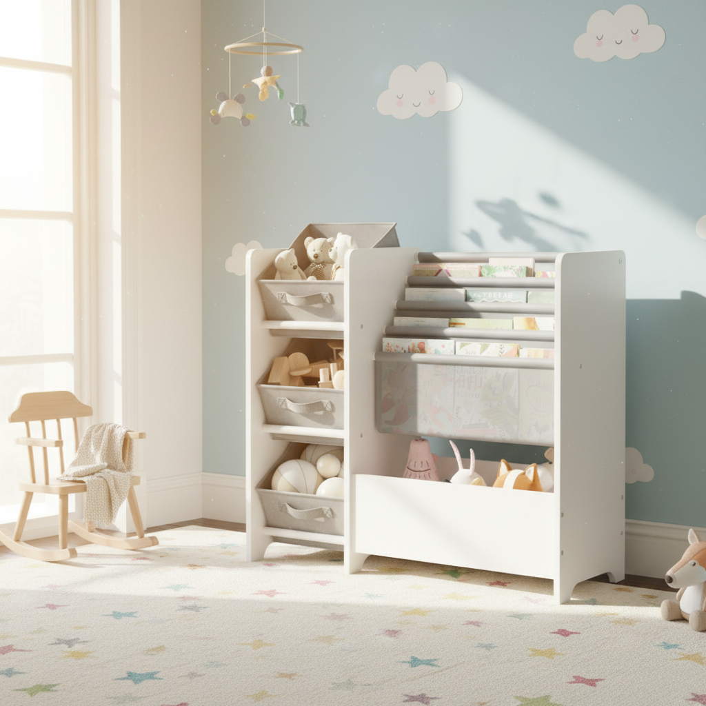 Sprout 4-Tier Kids Bookshelf with Fabric Drawers, White/Grey