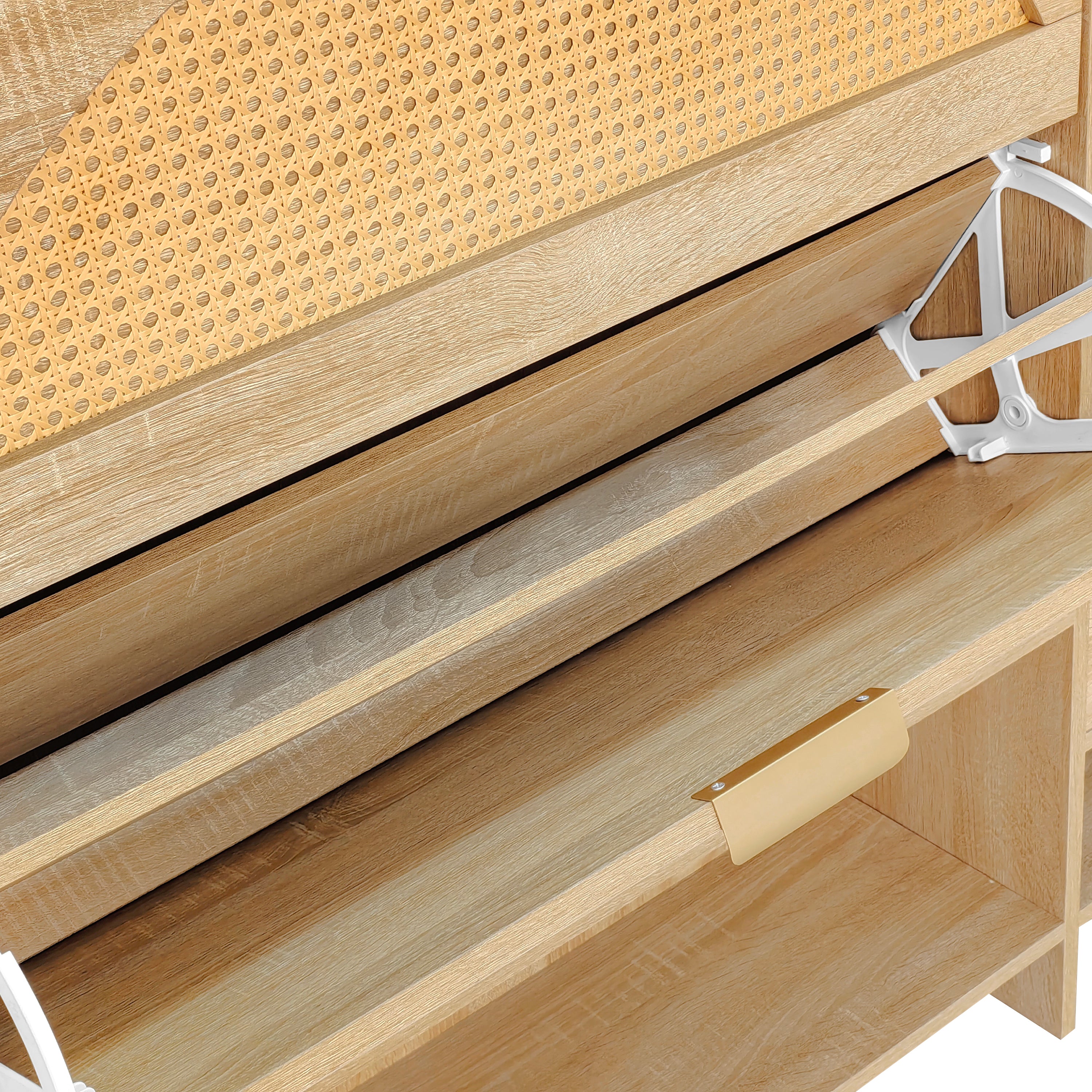 Willow Rattan Shoe Storage Cabinet with Flip Drawers & Bench, Natural Wood Finish