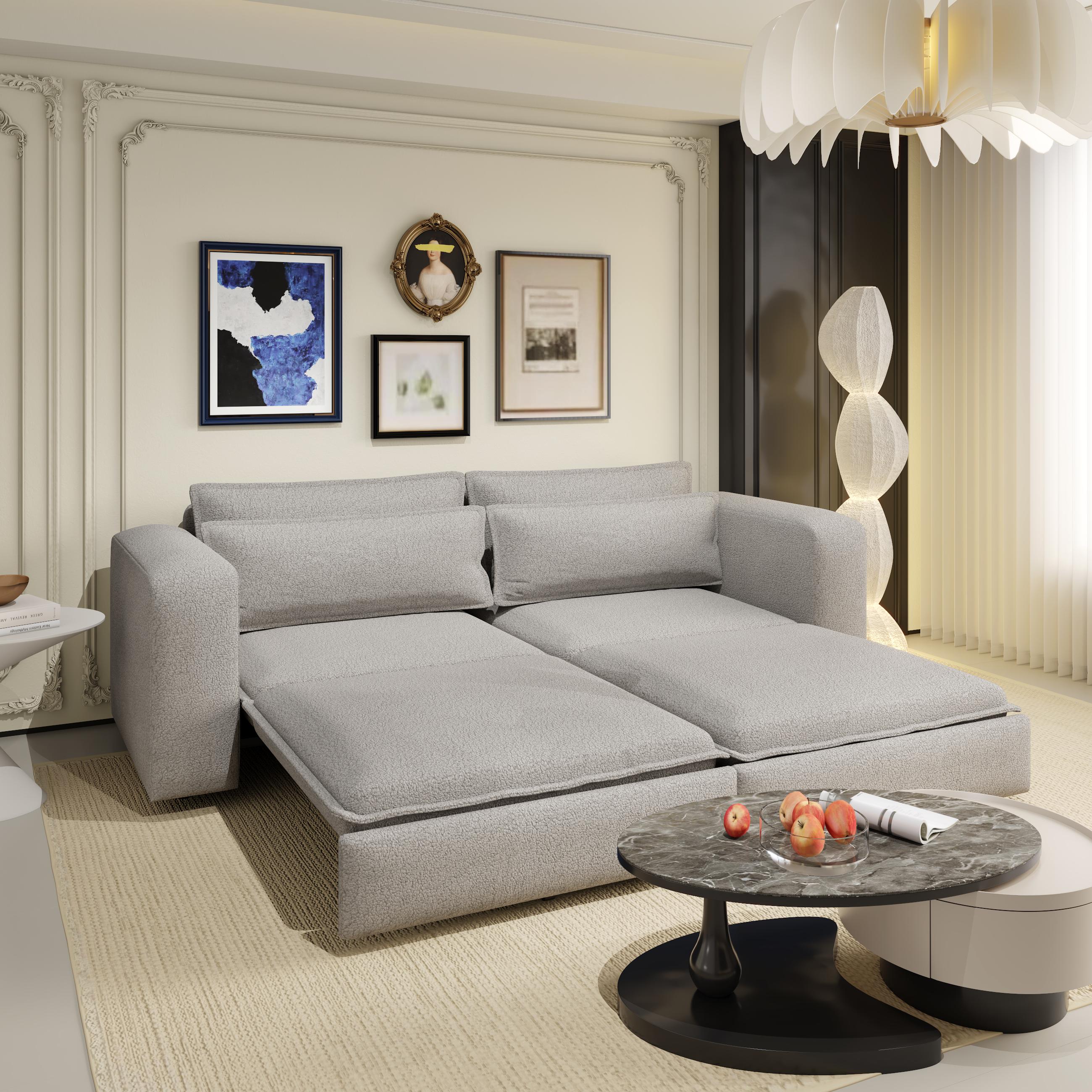 Cary 93" King Size Teddy Convertible Pull-Out Sleeper Sofa Bed with Chaise Lounge and Lumbar Pillows