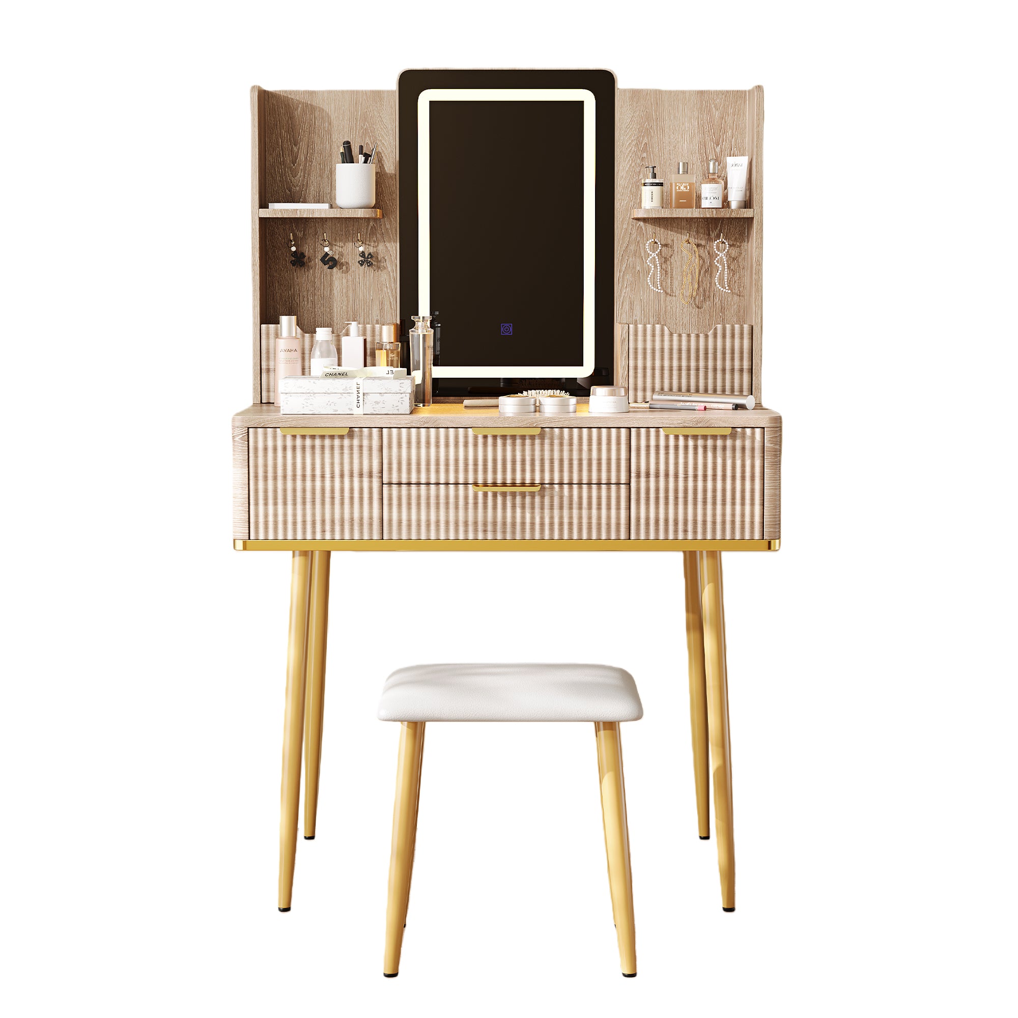Umea 30" Fluted Makeup Vanity Desk Set with LED Lighted Mirror Ample Storage