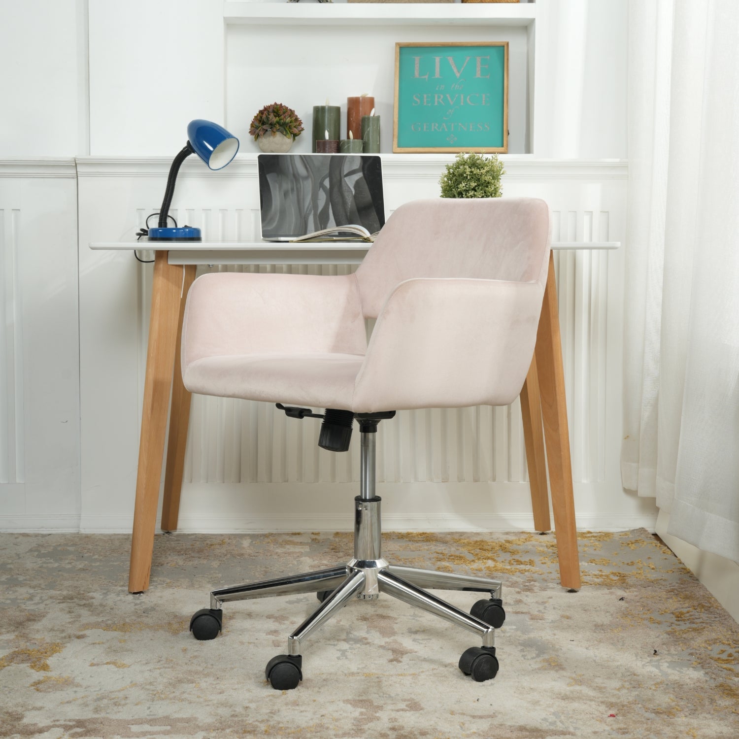 ROSS Velvet Swivel Desk Chair with Arms, Adjustable Height Task Chair on Wheels, Chrome Base, Blush Pink