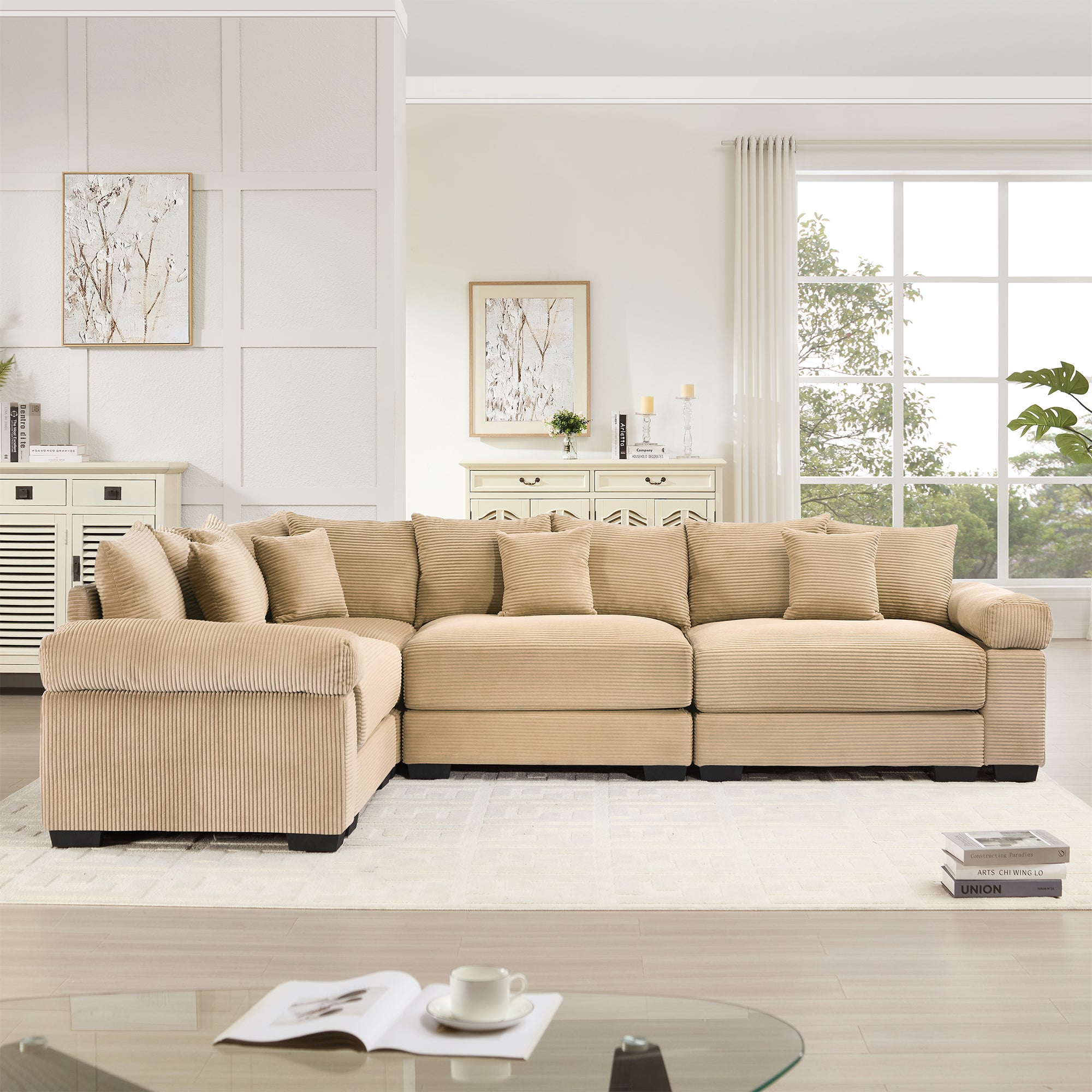 Albany 130" Modular Corduroy Cloud L-Shaped Sectional Sofa with Ottoman and Extra-Thick Armrests
