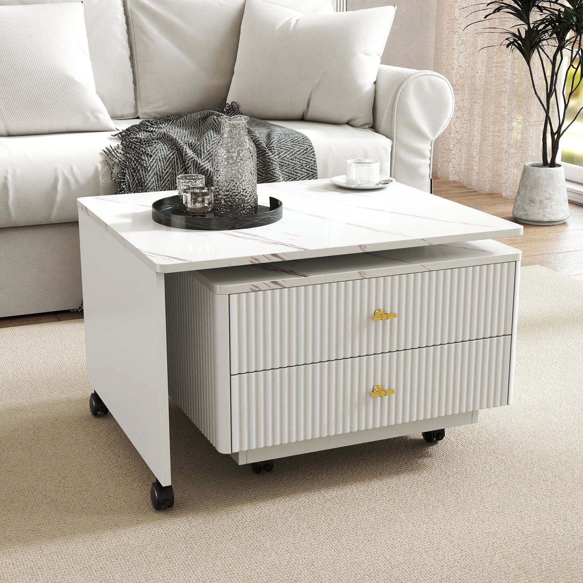 Vesta 47.24" Modern White Extendable Coffee Table with Storage Drawers and Wheels