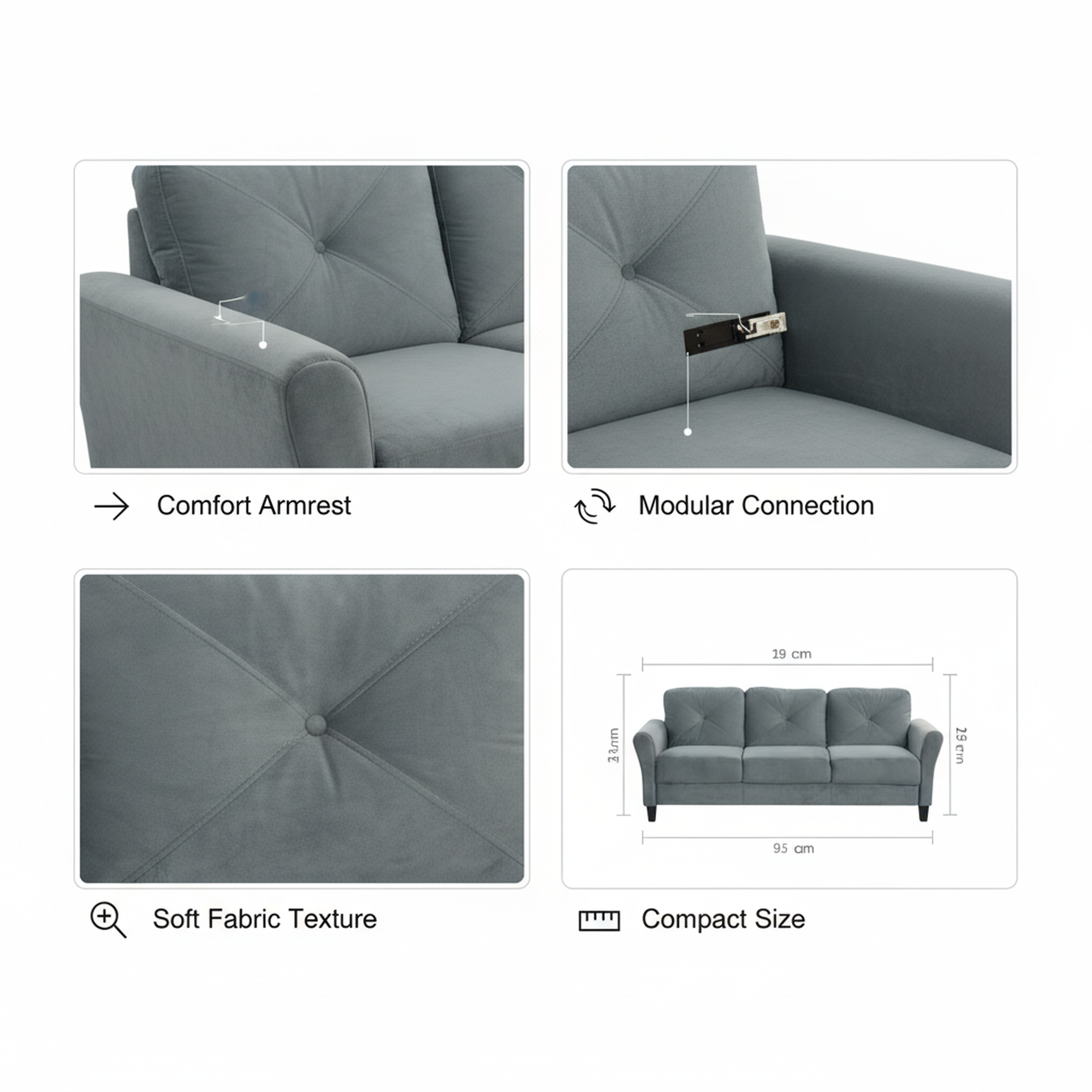 1-Pack Gray Sectional Sofa, Modern Space-Saving Furniture, Velvet Upholstery with Thick Cushions, Modular Detachable Design for Living Room, Bedroom, Office, Easy Assembly, Durable and Comfortable Seating