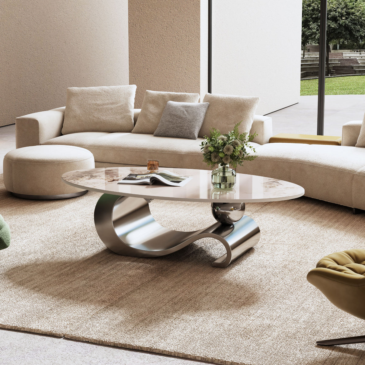 Varese 49" Modern Oval Coffee Table with Marble Top and Sculptural Gold Base