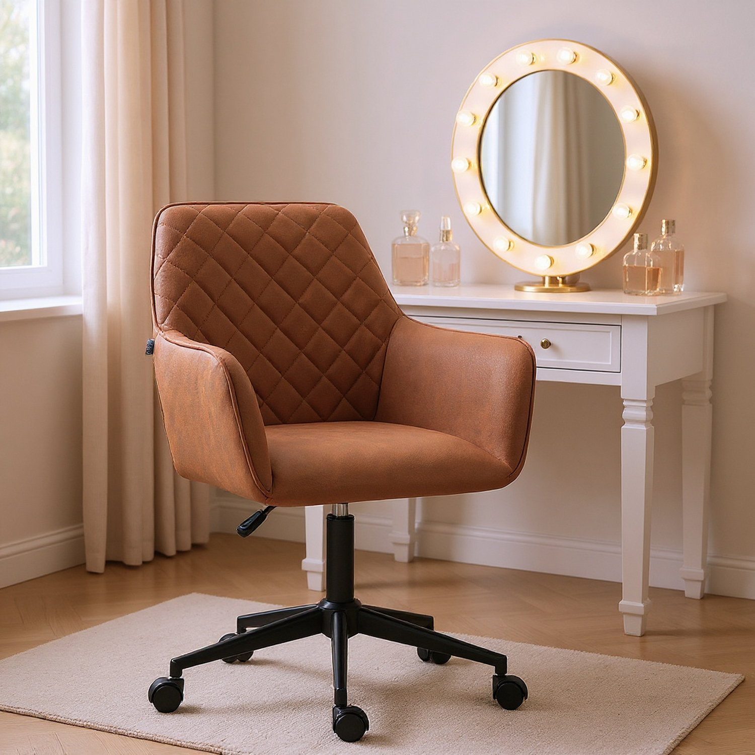 Mid Back Modern Home Office Chair Swivel Computer Desk Chair with Adjustable Height, Microfiber Cloth, Diamond Line Design, and Padded Armrests, Brown