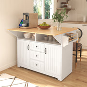 55.7'' Large Kitchen Island with 2 Drop Leaf,, Rolling Kitchen Cart on 5 Wheels with Power Outlet, Folding Storage Dining Table with Spice & Towel Rack , 3 Drawers, for Kitchen, Dining Room,White