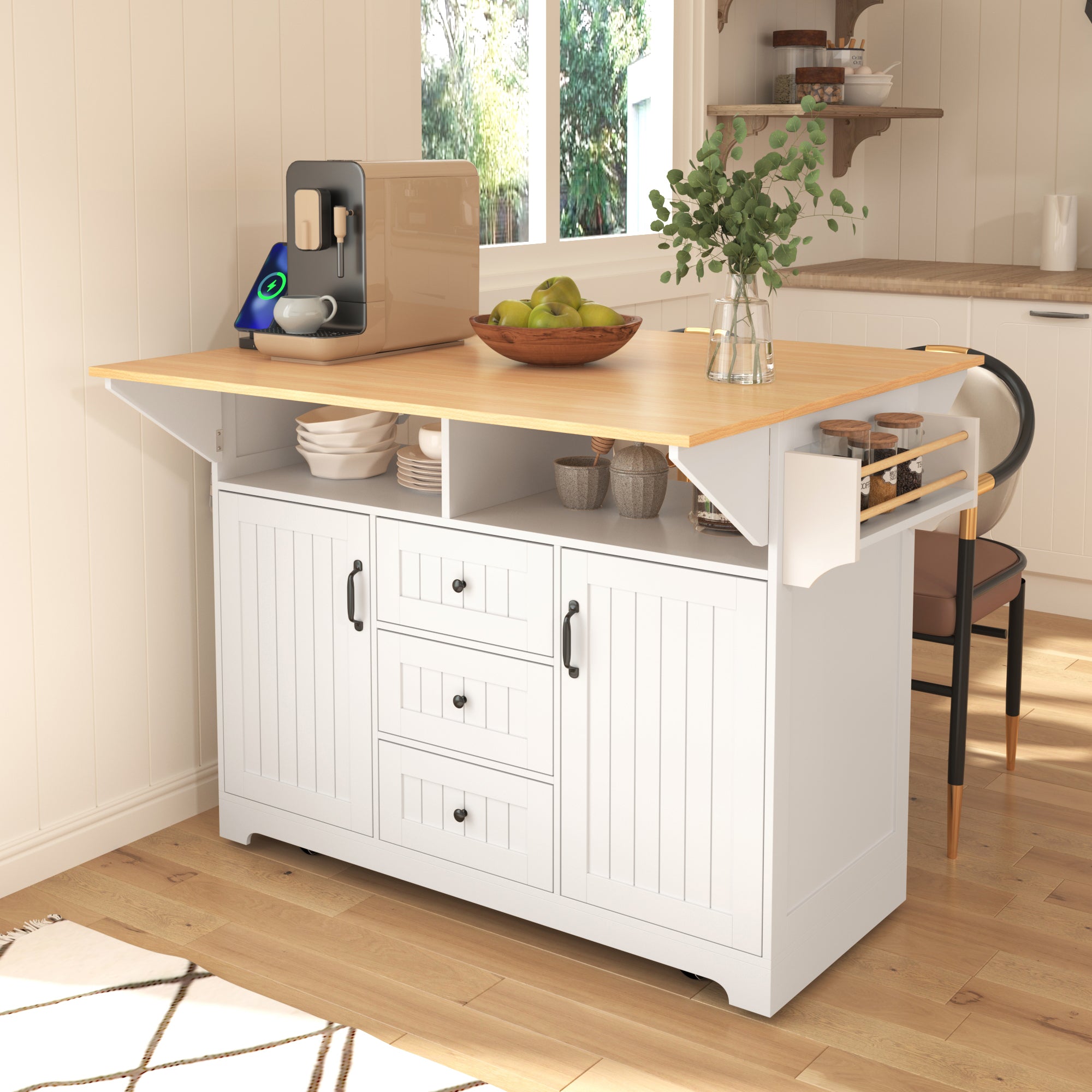 55.7'' Large Kitchen Island with 2 Drop Leaf,, Rolling Kitchen Cart on 5 Wheels with Power Outlet, Folding Storage Dining Table with Spice & Towel Rack , 3 Drawers, for Kitchen, Dining Room,White