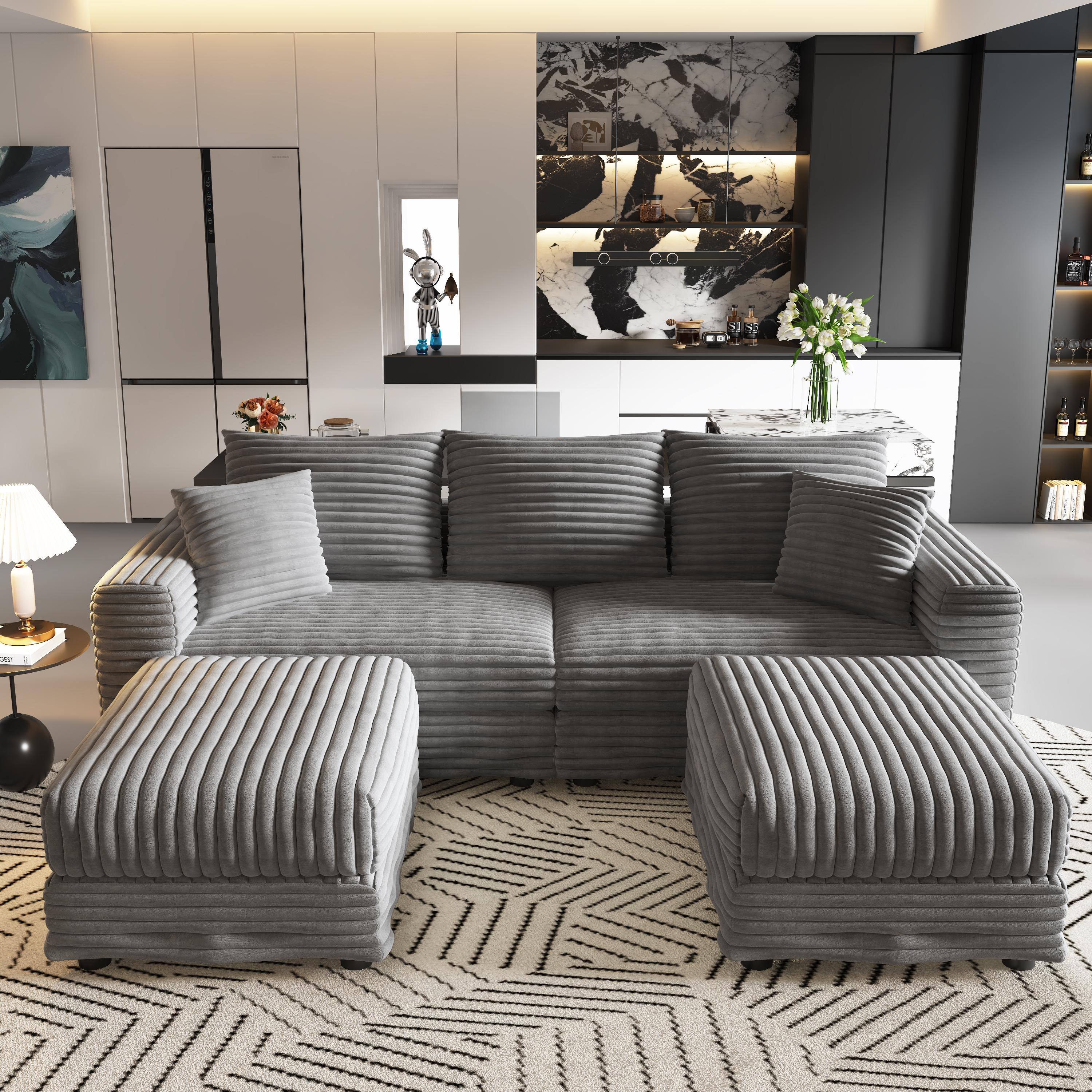 Norwalk 83" Modular Plush Corduroy U-Shaped Sectional Sofa with Soft Pillows and 2 Ottomans