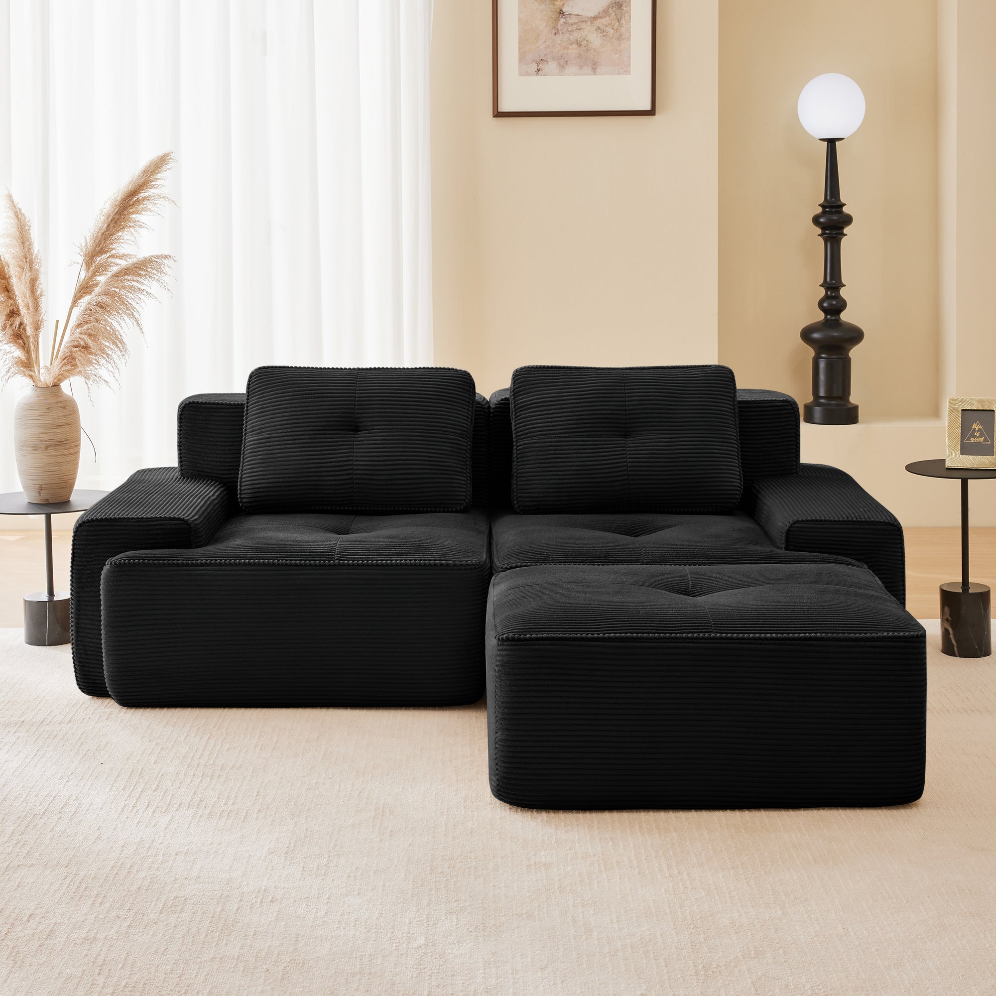 Racine 82" Modular Corduroy Fabric Loveseat Sofa with Pillows and Movable Ottoman
