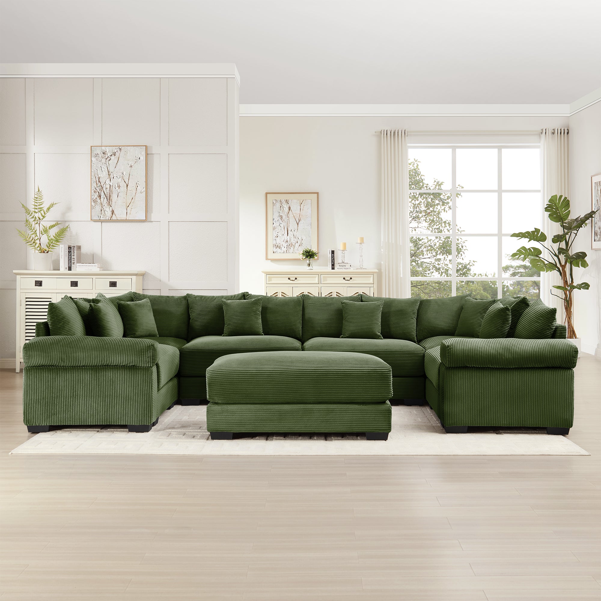 Albany 138" Oversized 7 Pieces Modular Corduroy U-Shaped Sectional Sofa with Ottoman