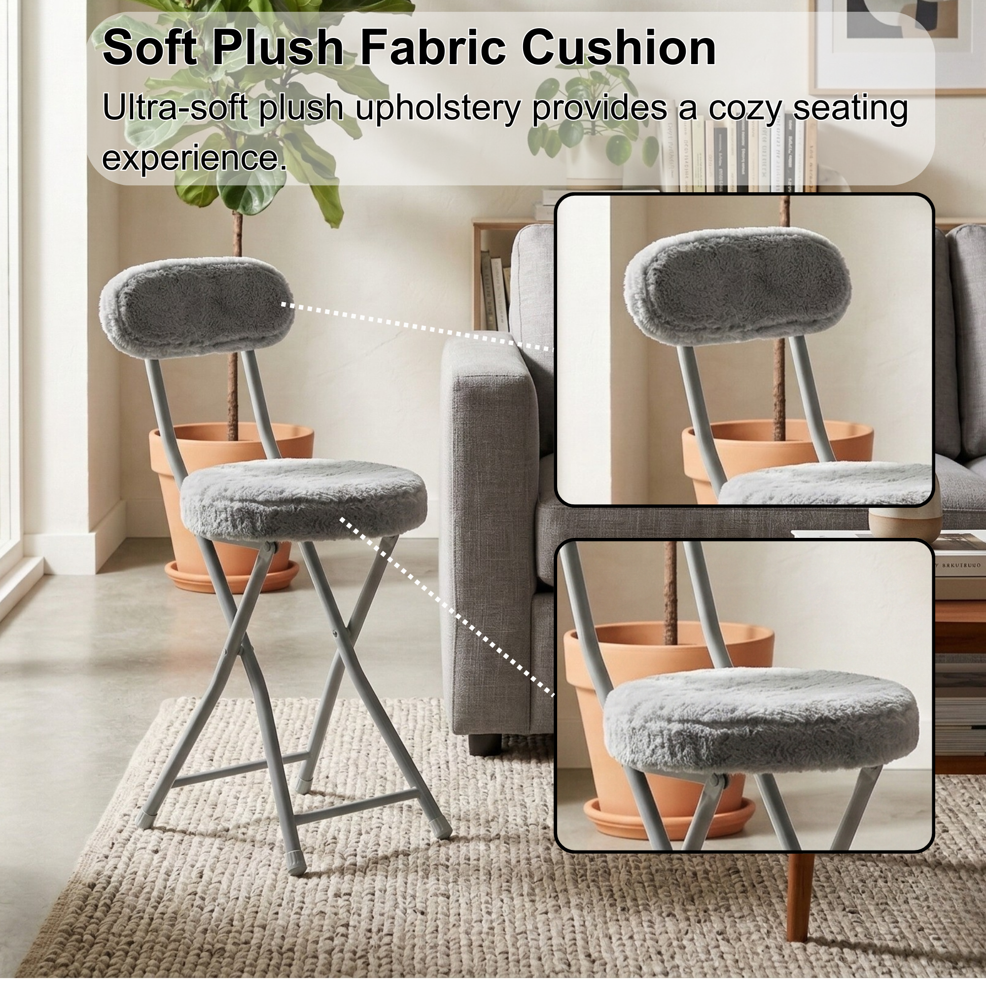 Homy Casa Ernst Plush Folding Chairs Set of 4, Faux Fur Seat, Grey