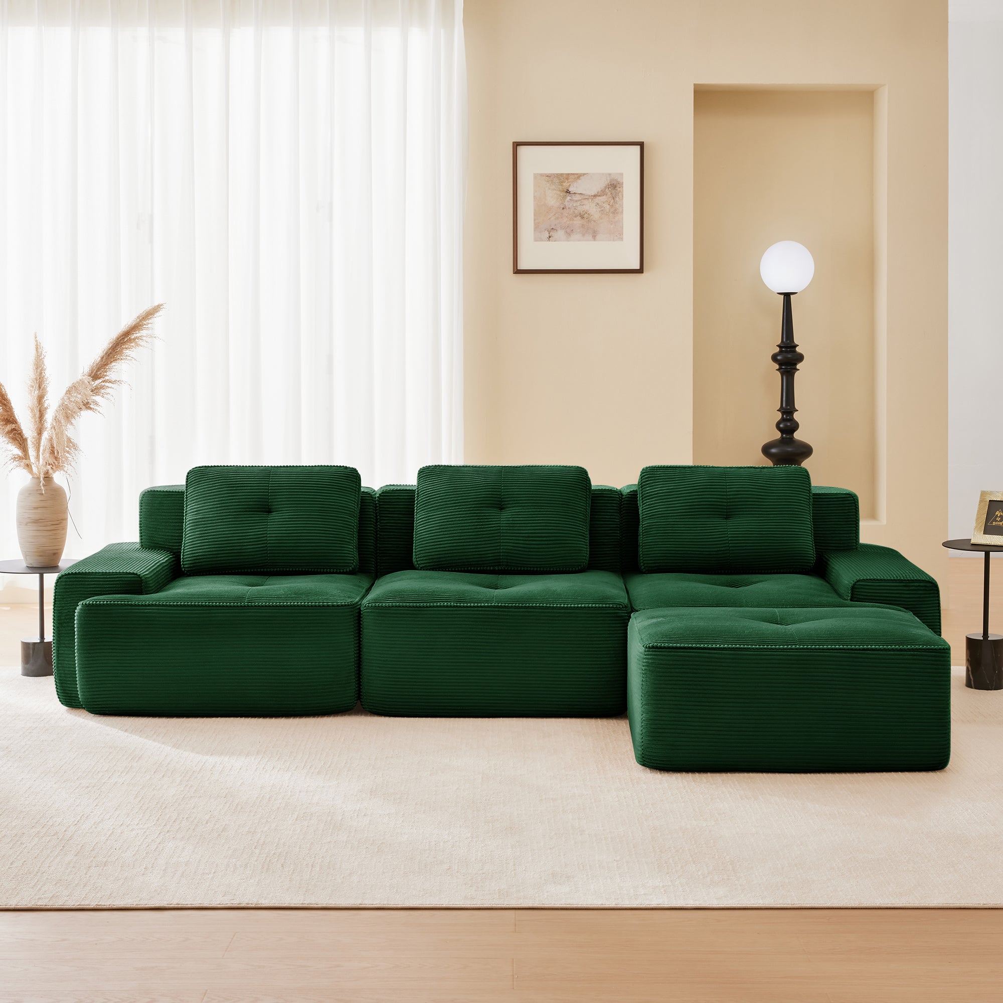 Racine 117" Modular Corduroy Fabric L-Shaped Sectional Sofa with Movable Ottoman