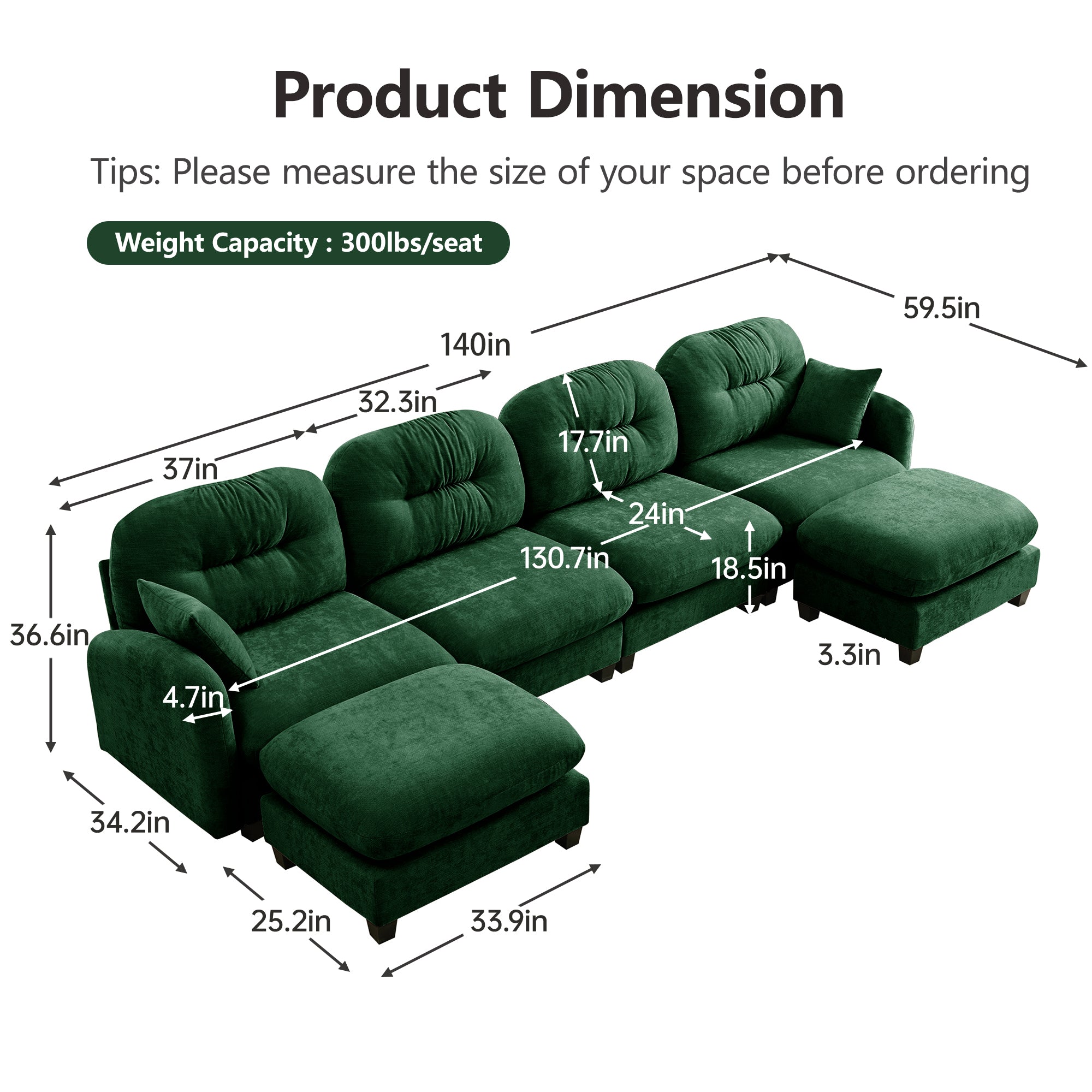 Roselyn 140" Modular Chenille U-Shaped Sectional Sofa with Ottoman and Tufted Cushion Backrest