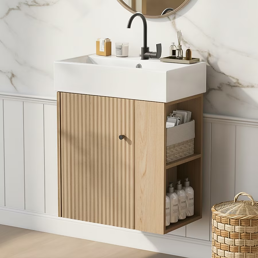 Ouray 21.6" Floating Bathroom Vanity with Ceramic Sink and Right-Side Open Shelves