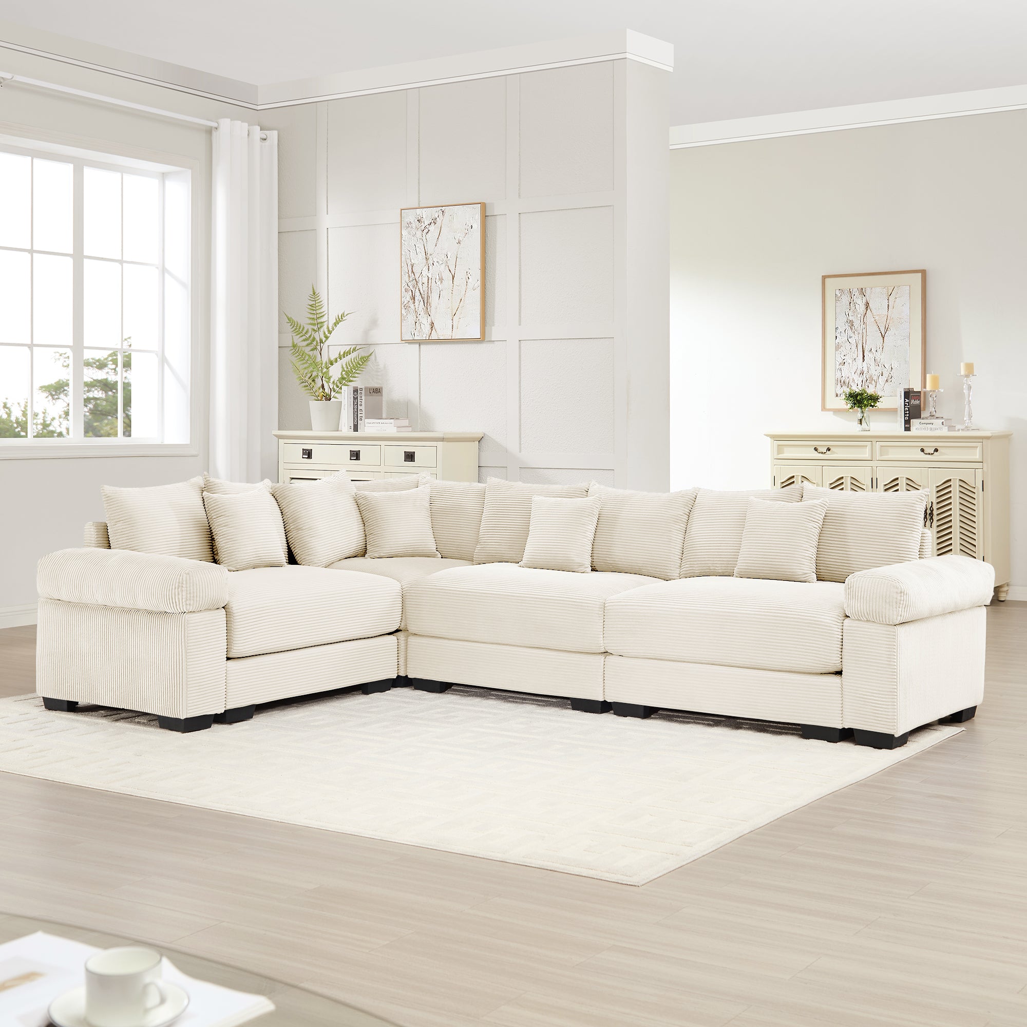 Albany 130" Modular Corduroy Cloud L-Shaped Sectional Sofa with Ottoman and Extra-Thick Armrests