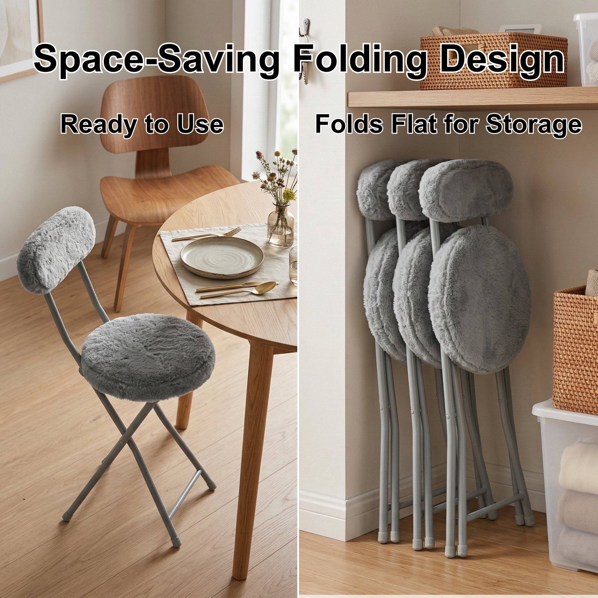 Homy Casa Ernst Plush Folding Chairs Set of 4, Faux Fur Seat, Grey