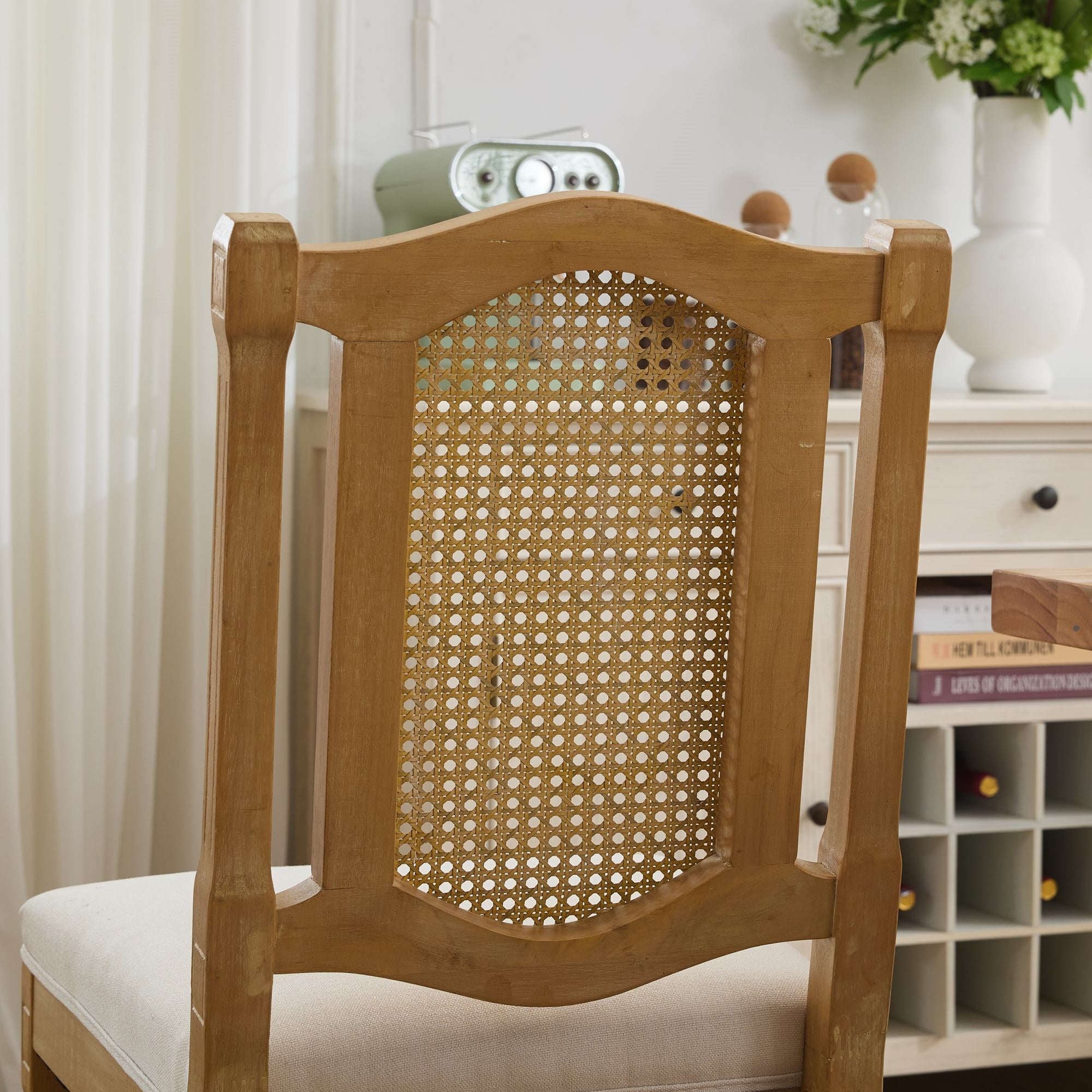 Shannon Fluted Solid Wood Cane Back Dining Chairs with Linen Seat Set of 2