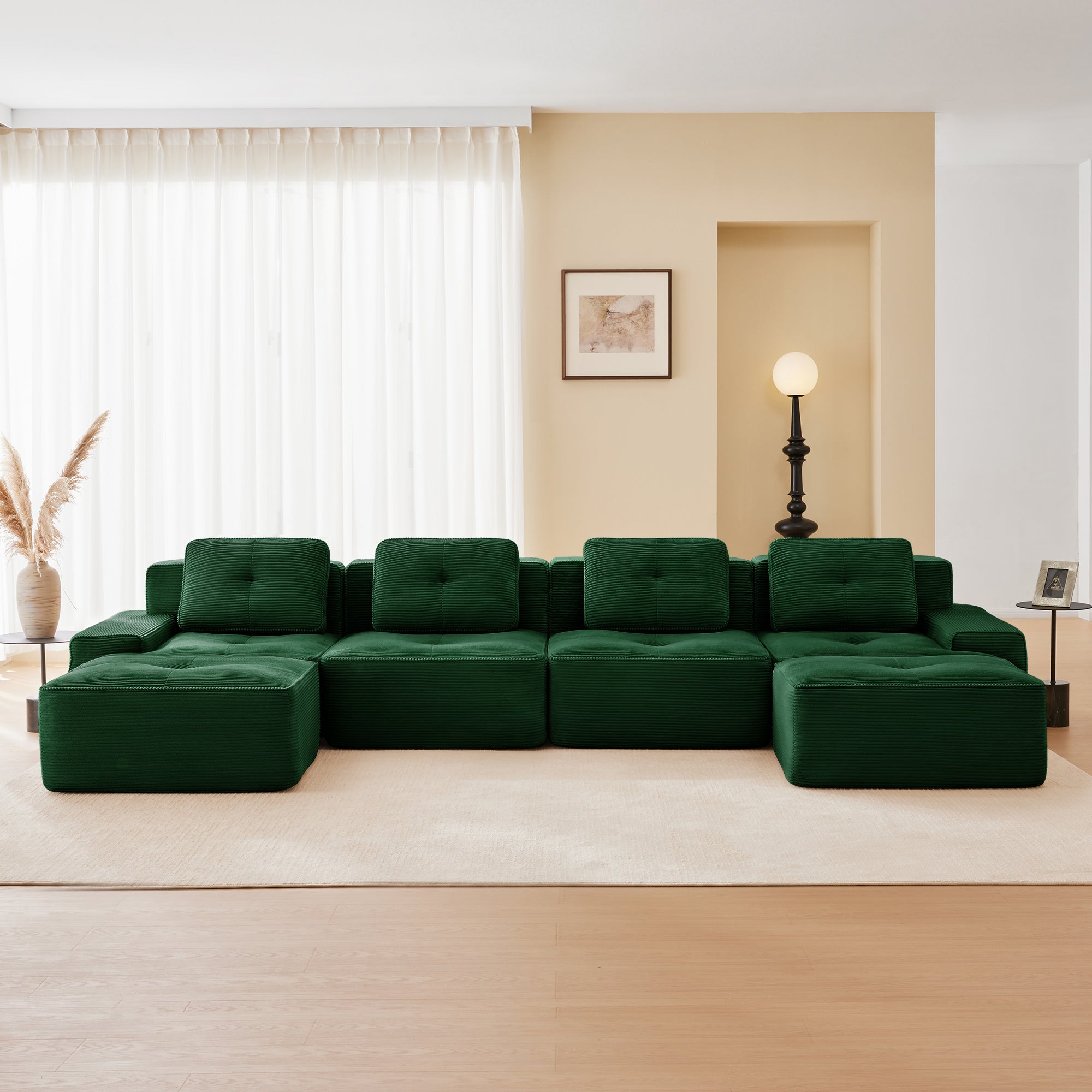 Racine 153" Modular Corduroy Fabric U-Shaped Sectional Sofa with Deep Seat and 2 Movable Ottomans