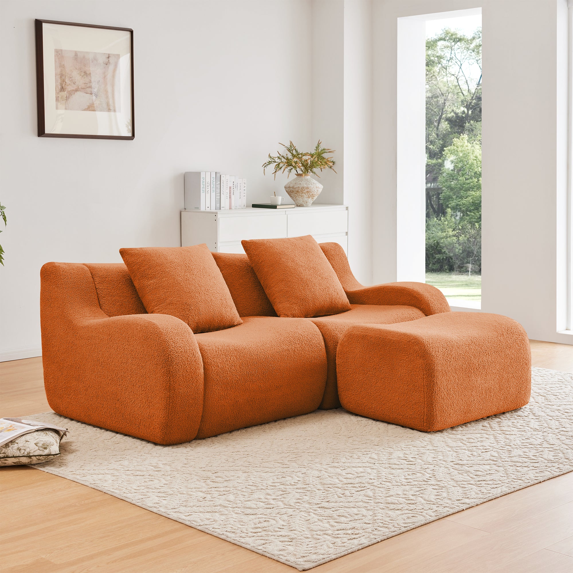 Chico 83" Modular Teddy Fabric L-Shaped Loveseat Sofa with Movable Ottoman