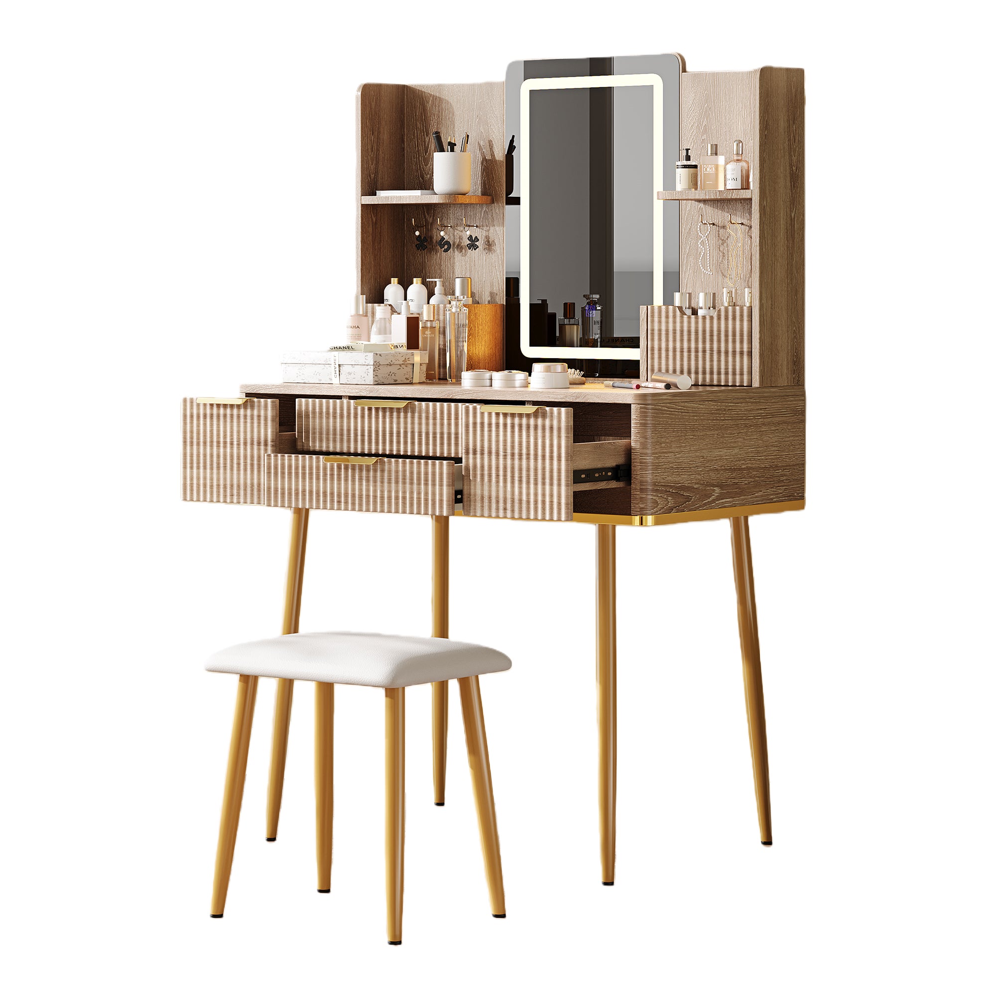 Umea 30" Fluted Makeup Vanity Desk Set with LED Lighted Mirror Ample Storage