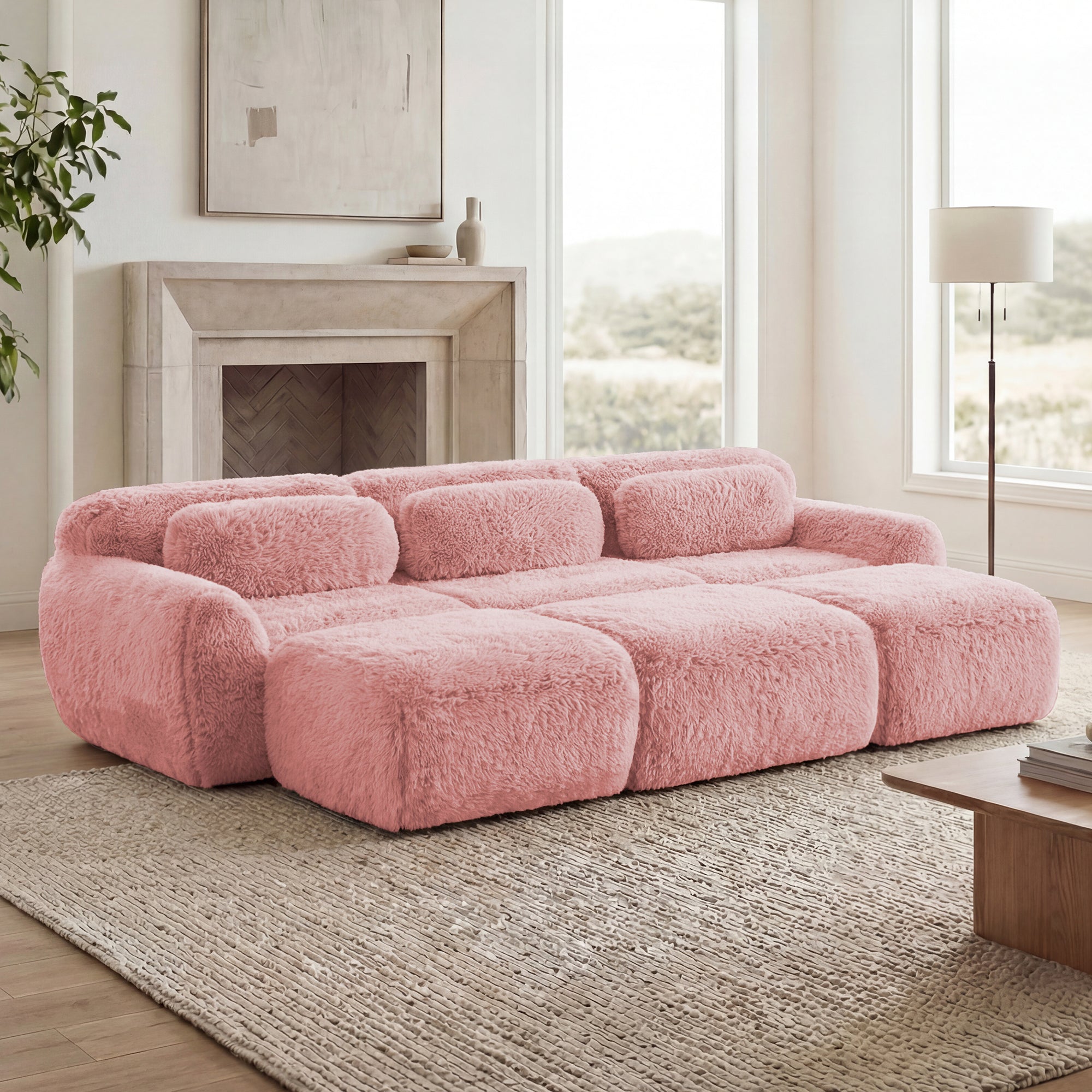 Durham 115" Modular Corduroy Plush 3-Seater Sofa with High-Density Sponge and Movable Ottomans