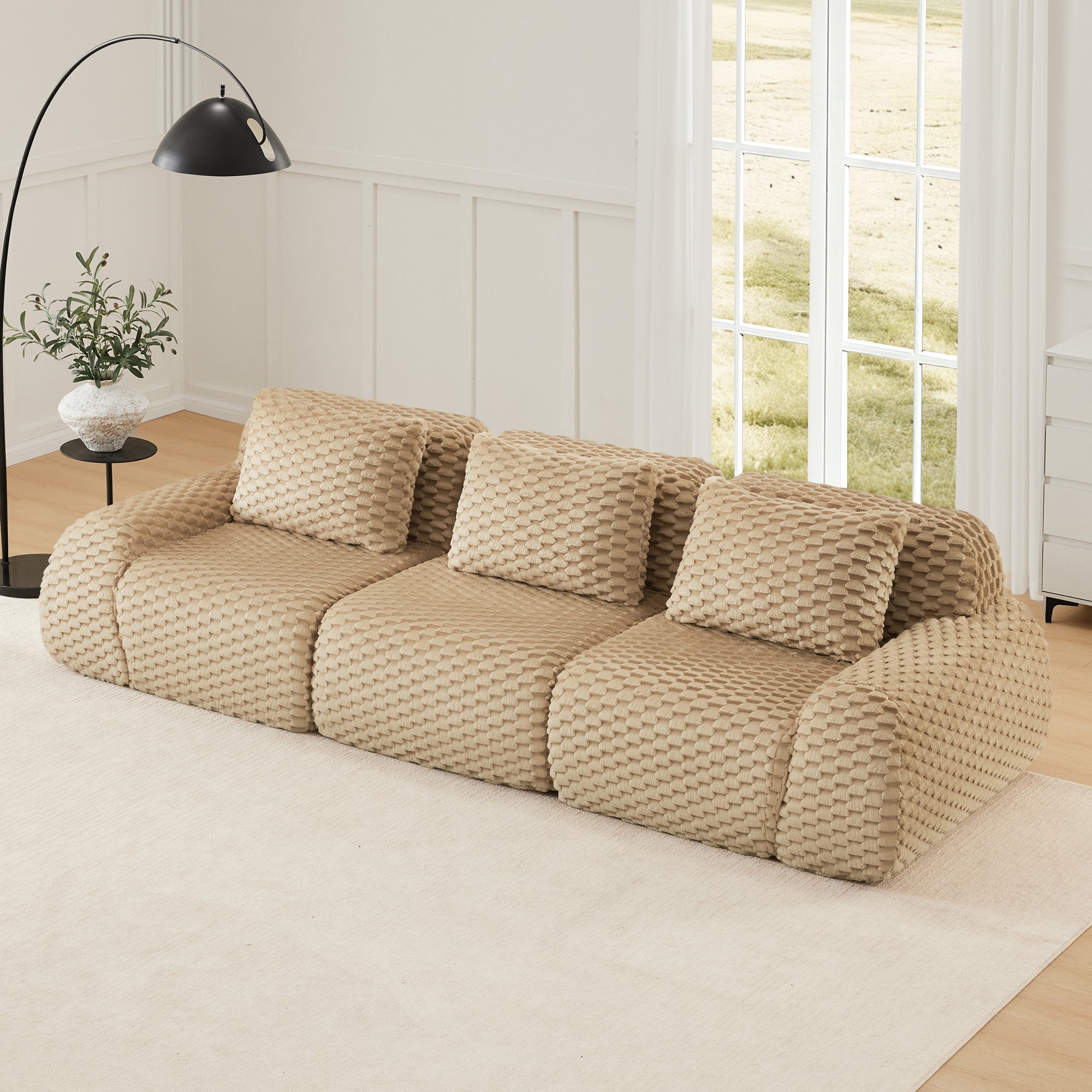 Olathe 114" Modular Flannelette Fabric 3-Seater Sofa with Deep Seat