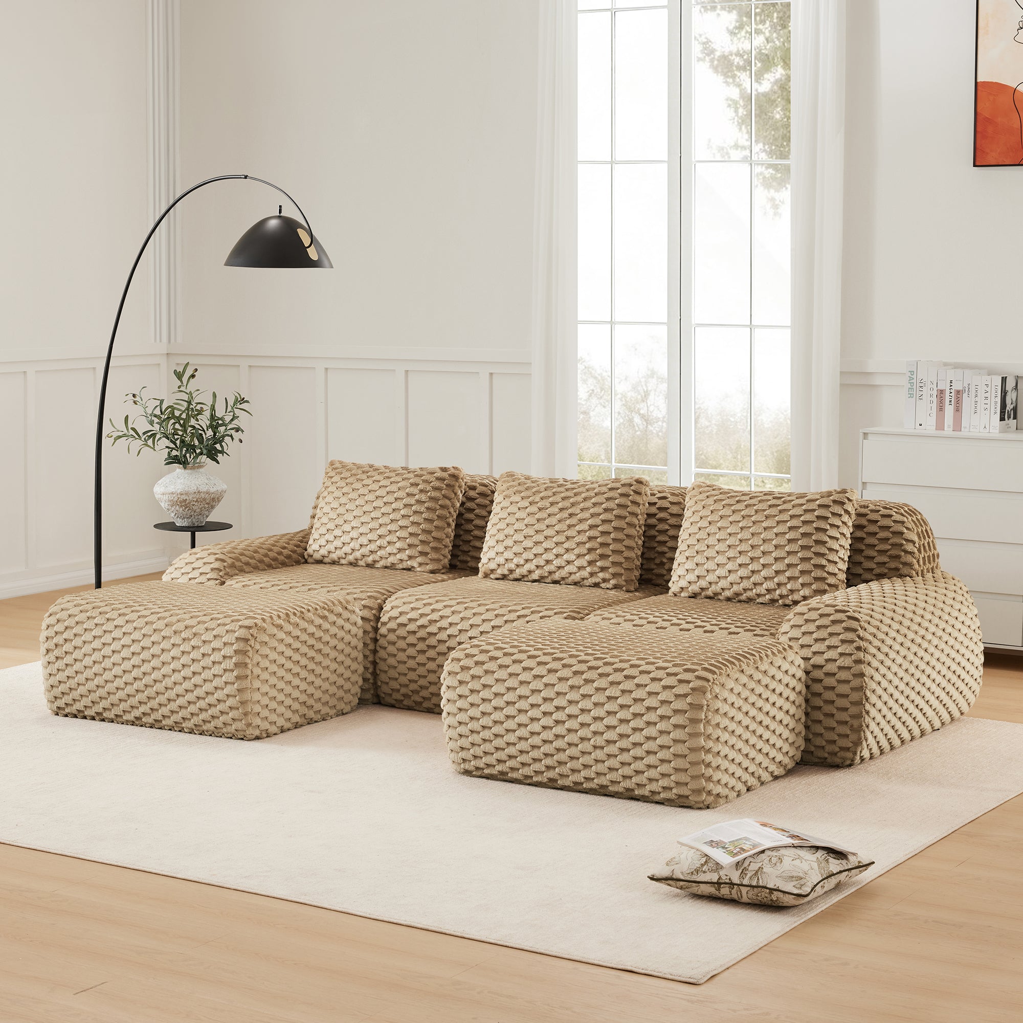 Olathe 114" Modular Flannelette Fabric U-Shaped Sectional Sofa with Movable Ottoman