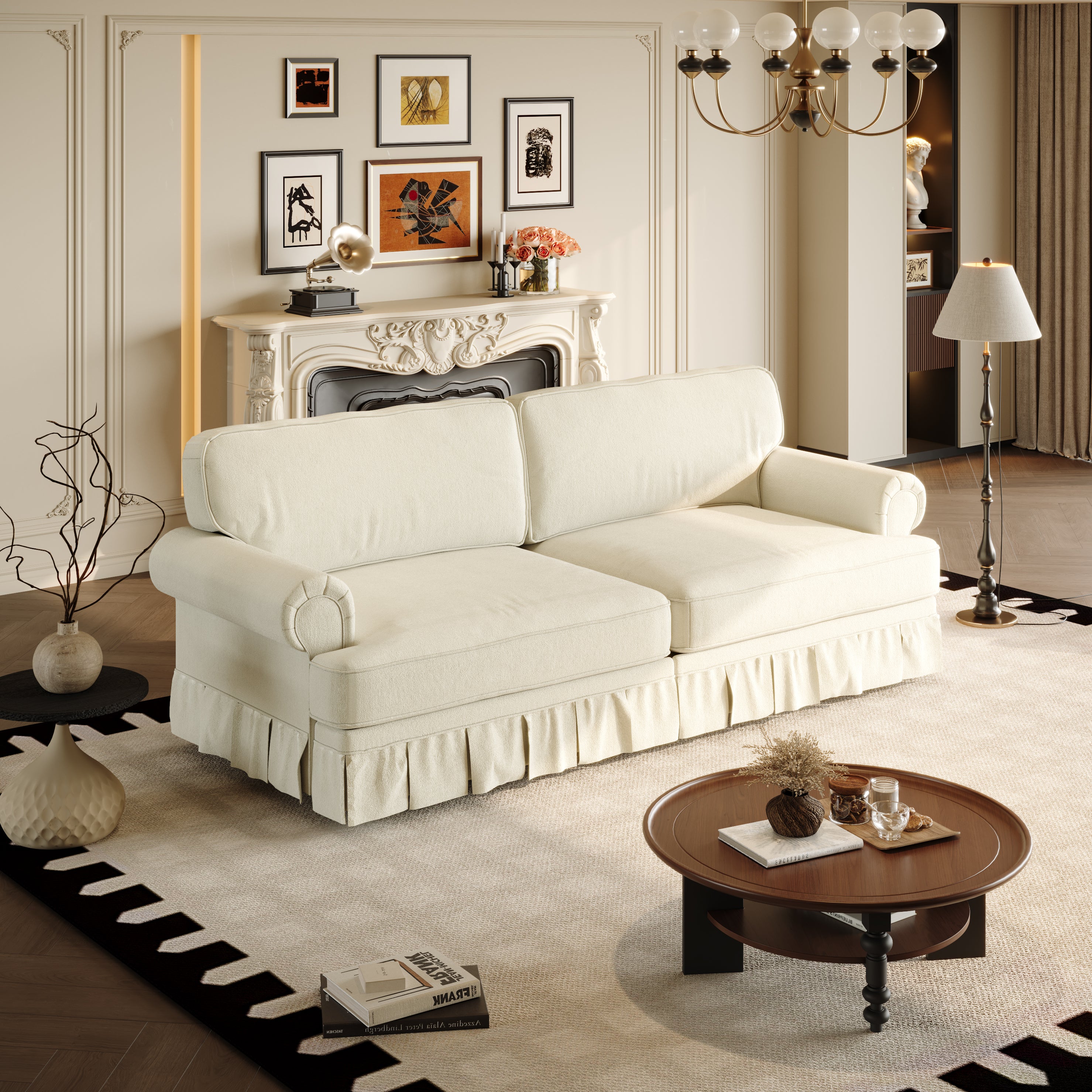 Livonia 74" Chenille Fabric 3-Seater Sofa with Rolled Arms and Pleated Skirt Mid-Century Design