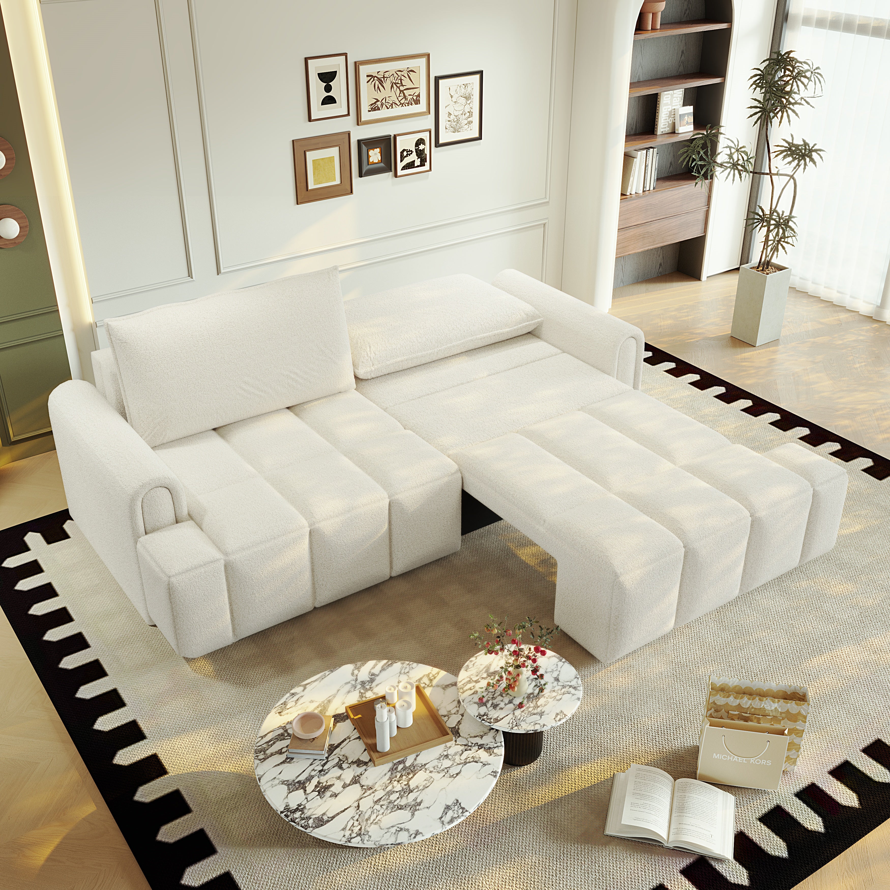 Muncie 90" Teddy Fabric Convertible 4-Seat Sleeper Sofa Bed with Storage