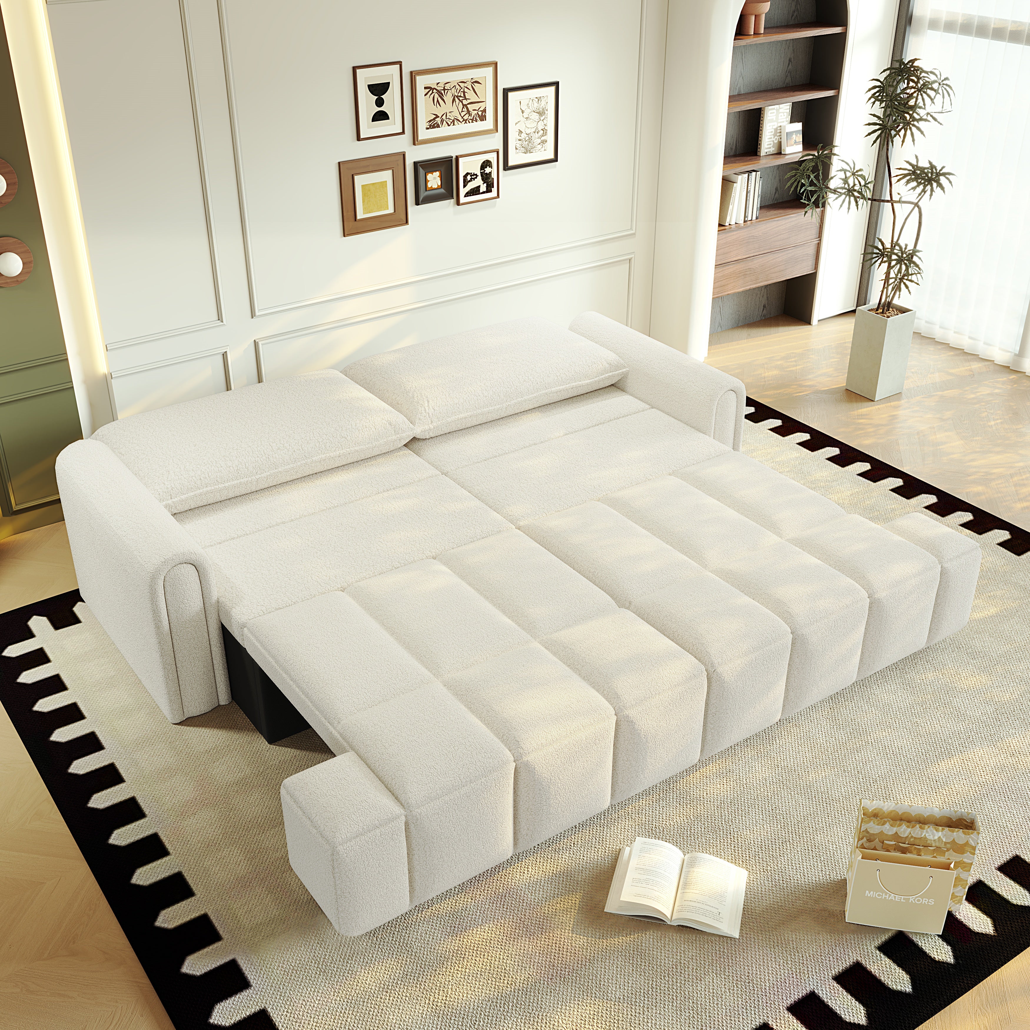 Muncie 90" Teddy Fabric Convertible 4-Seat Sleeper Sofa Bed with Storage