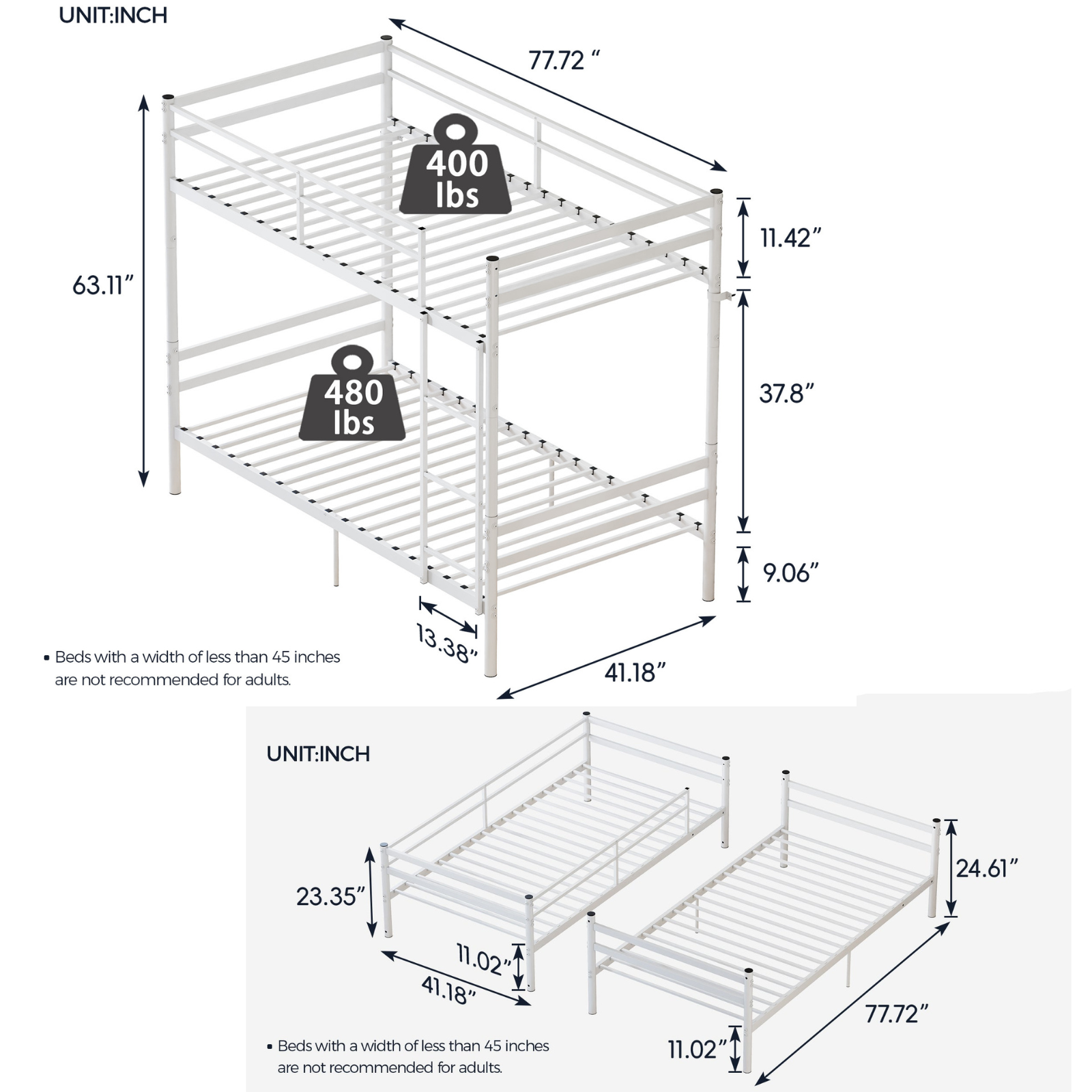 Zorven Twin over Twin Heavy-Duty Metal Bunk Bed, Convertible to 2 Separate Twin Beds