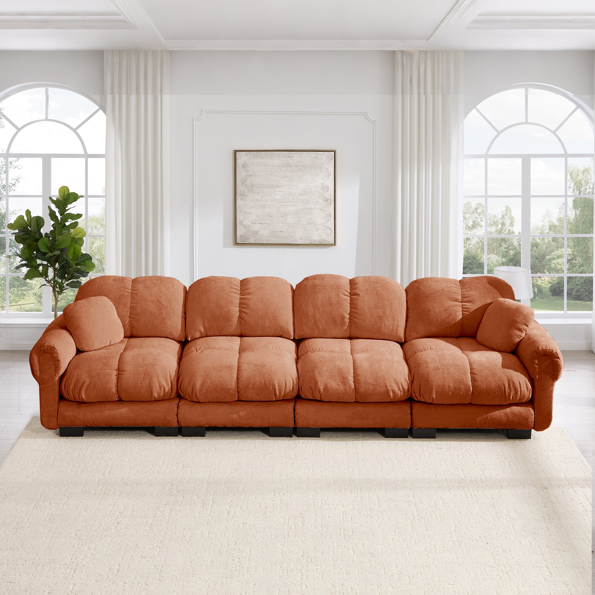 Fairmont 132" 4-Seater Quilted Chenille Modular Sofa with Throw Pillows