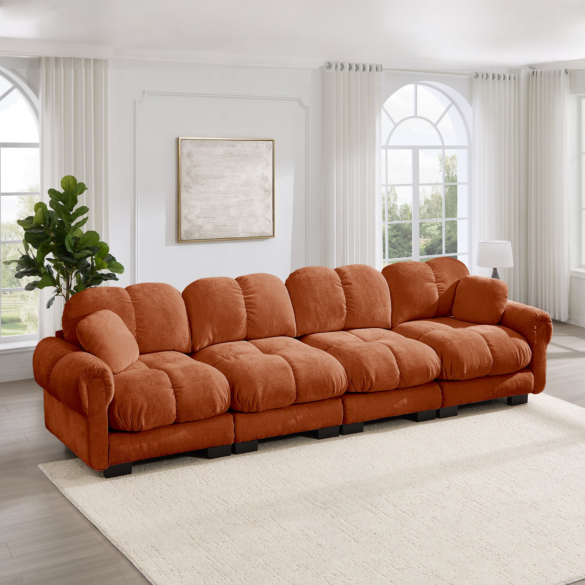 Fairmont 132" 4-Seater Quilted Chenille Modular Sofa with Throw Pillows